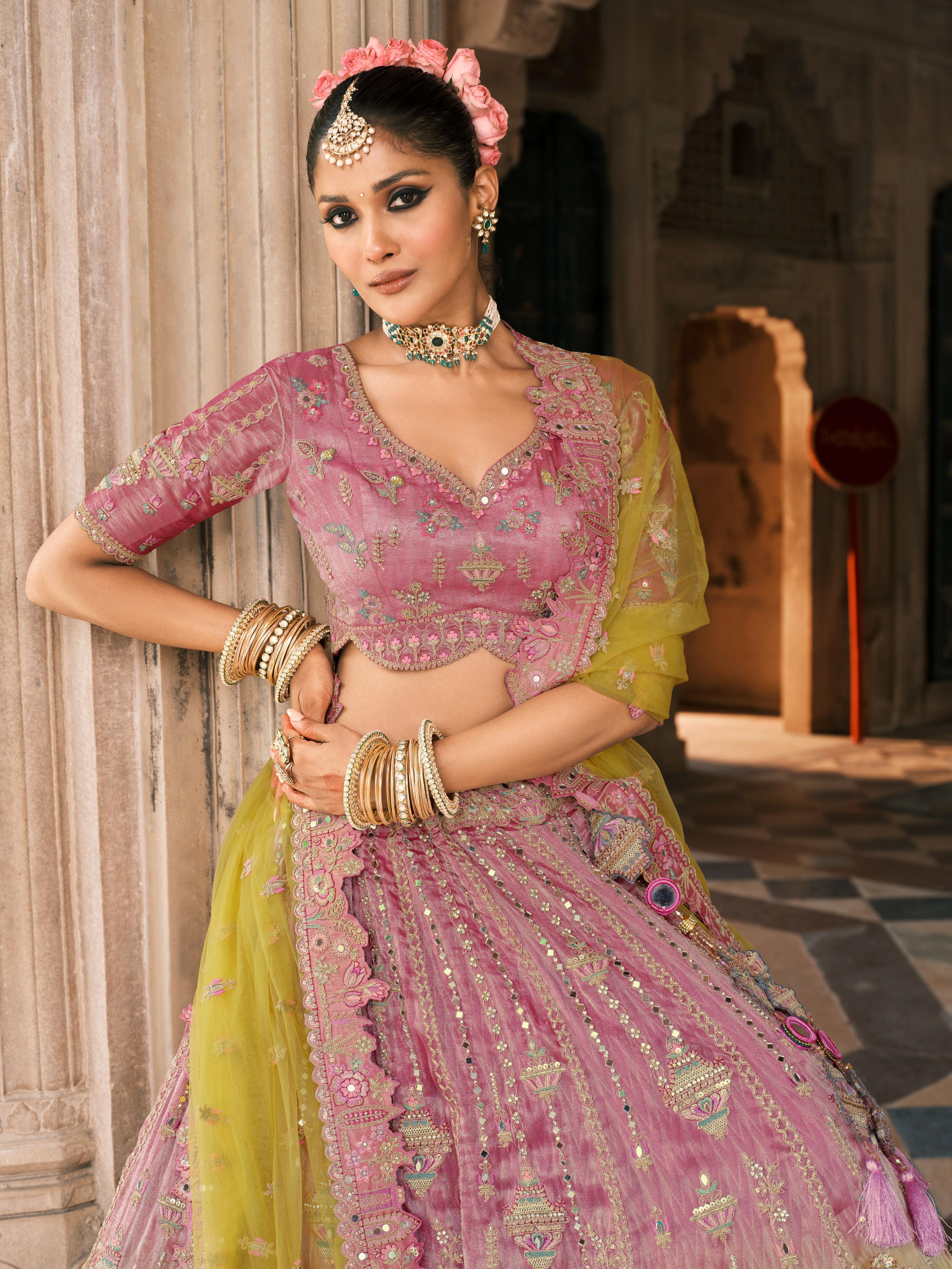 Pink & Lime Shimmer Tissue Silk Embroidered Lehenga Set