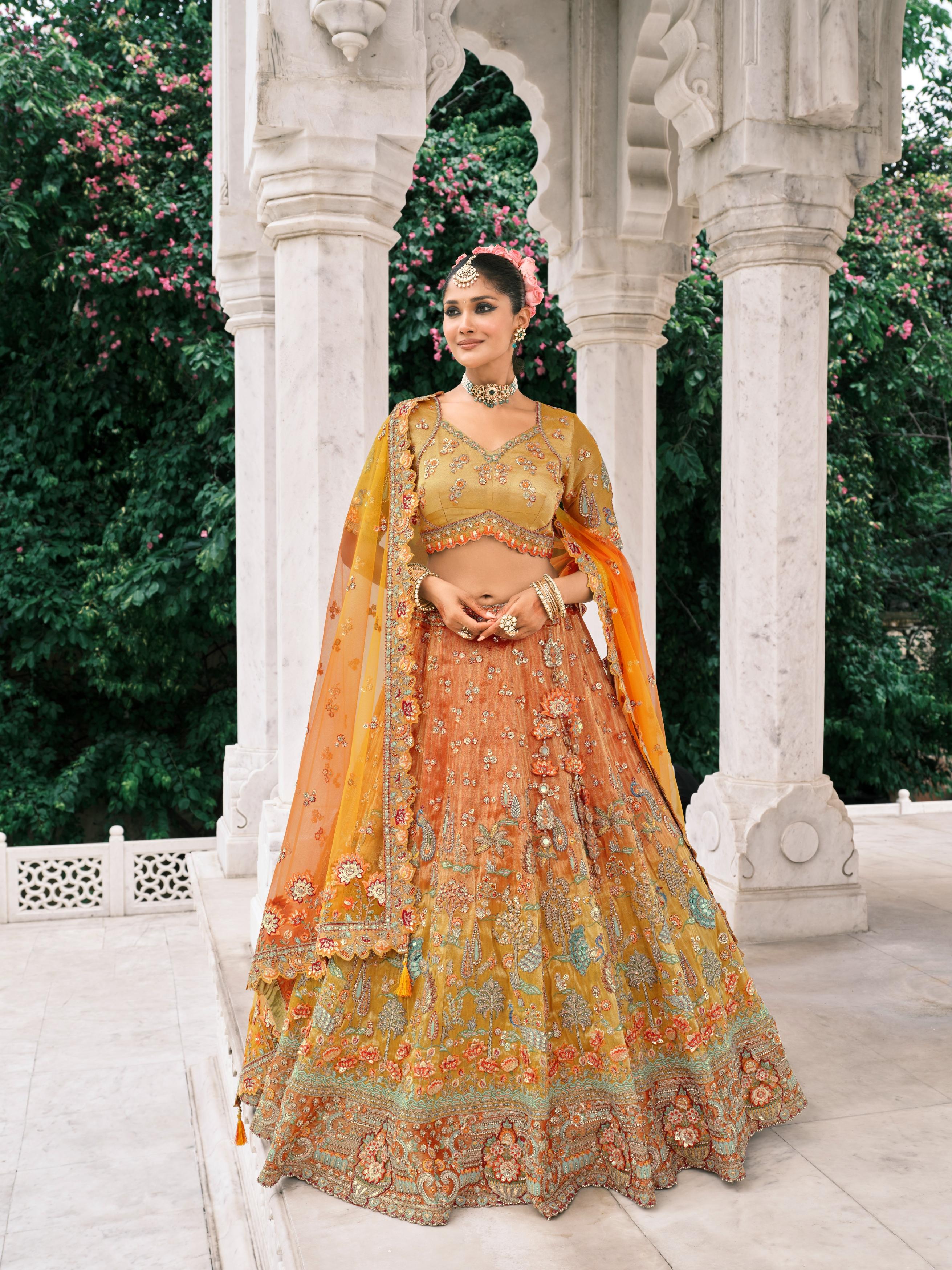Orange Multicolor Handwork Shimmer Tissue Silk Lehenga Set