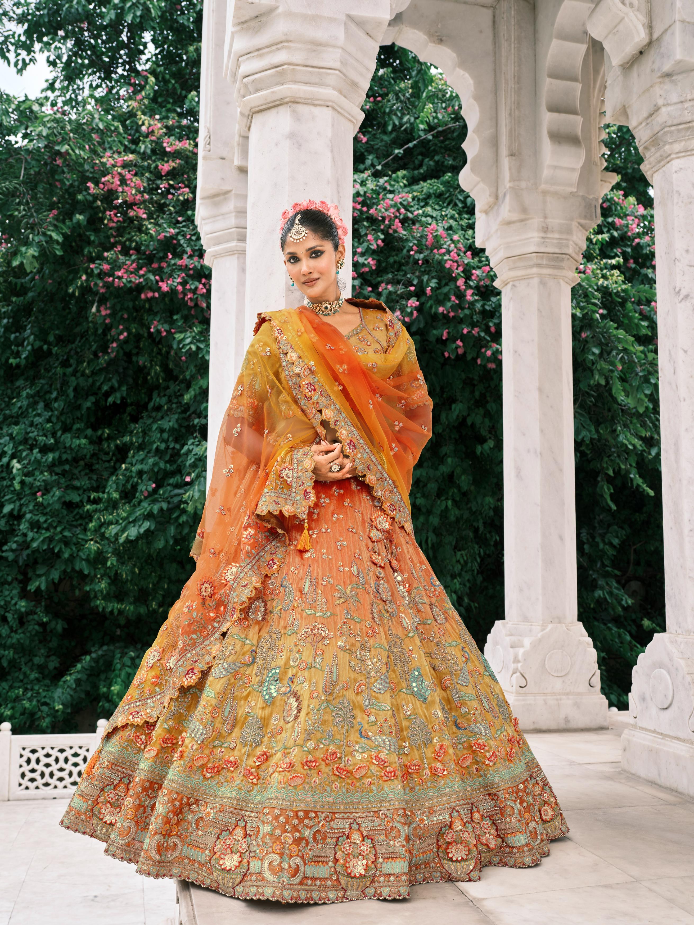 Orange Multicolor Handwork Shimmer Tissue Silk Lehenga Set
