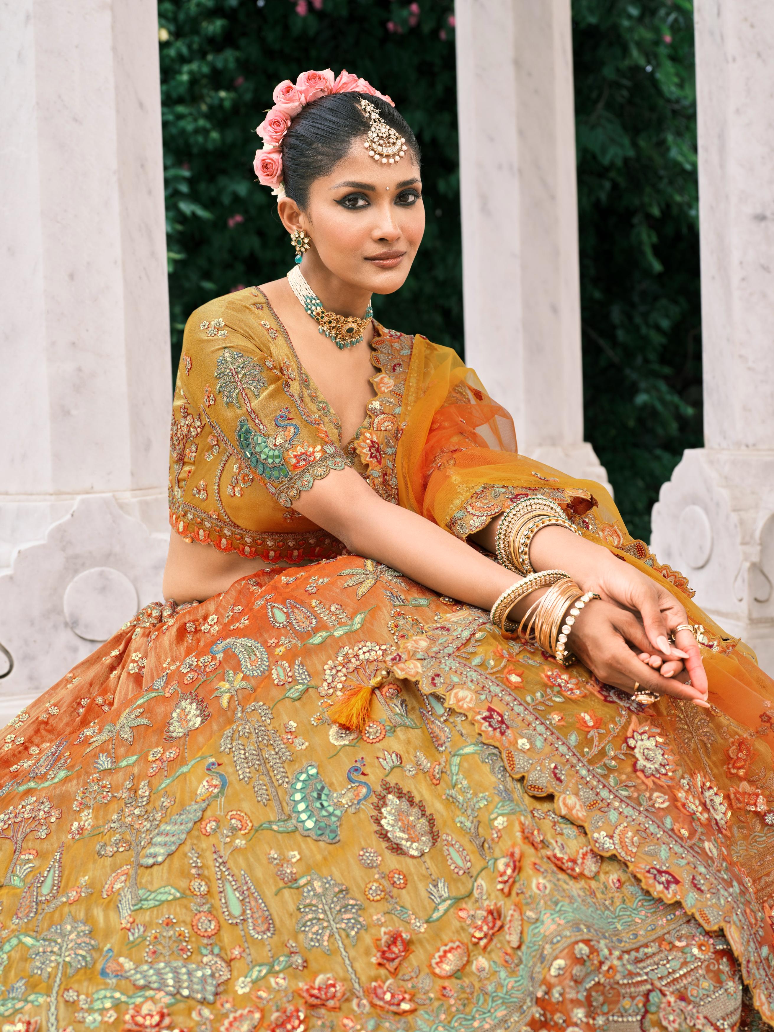 Orange Multicolor Handwork Shimmer Tissue Silk Lehenga Set
