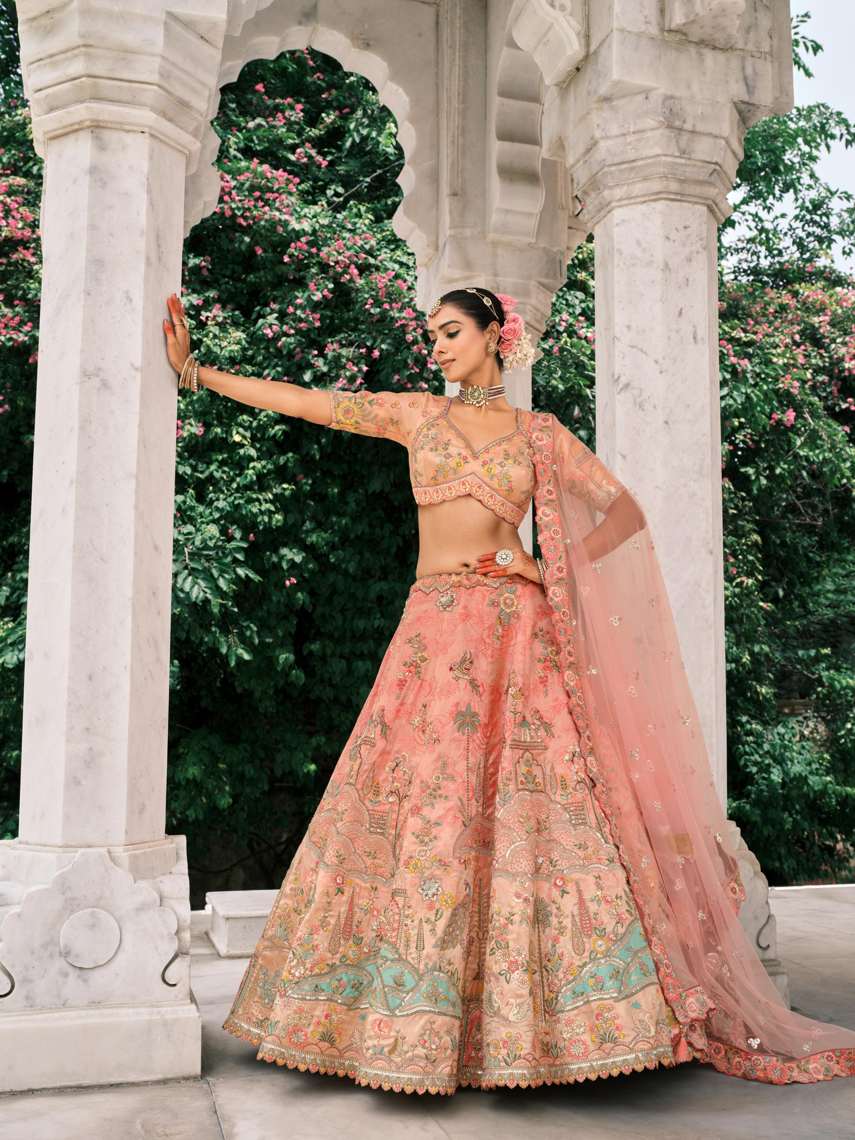 Peach Shimmer Tissue Silk Embroidered Lehenga Set