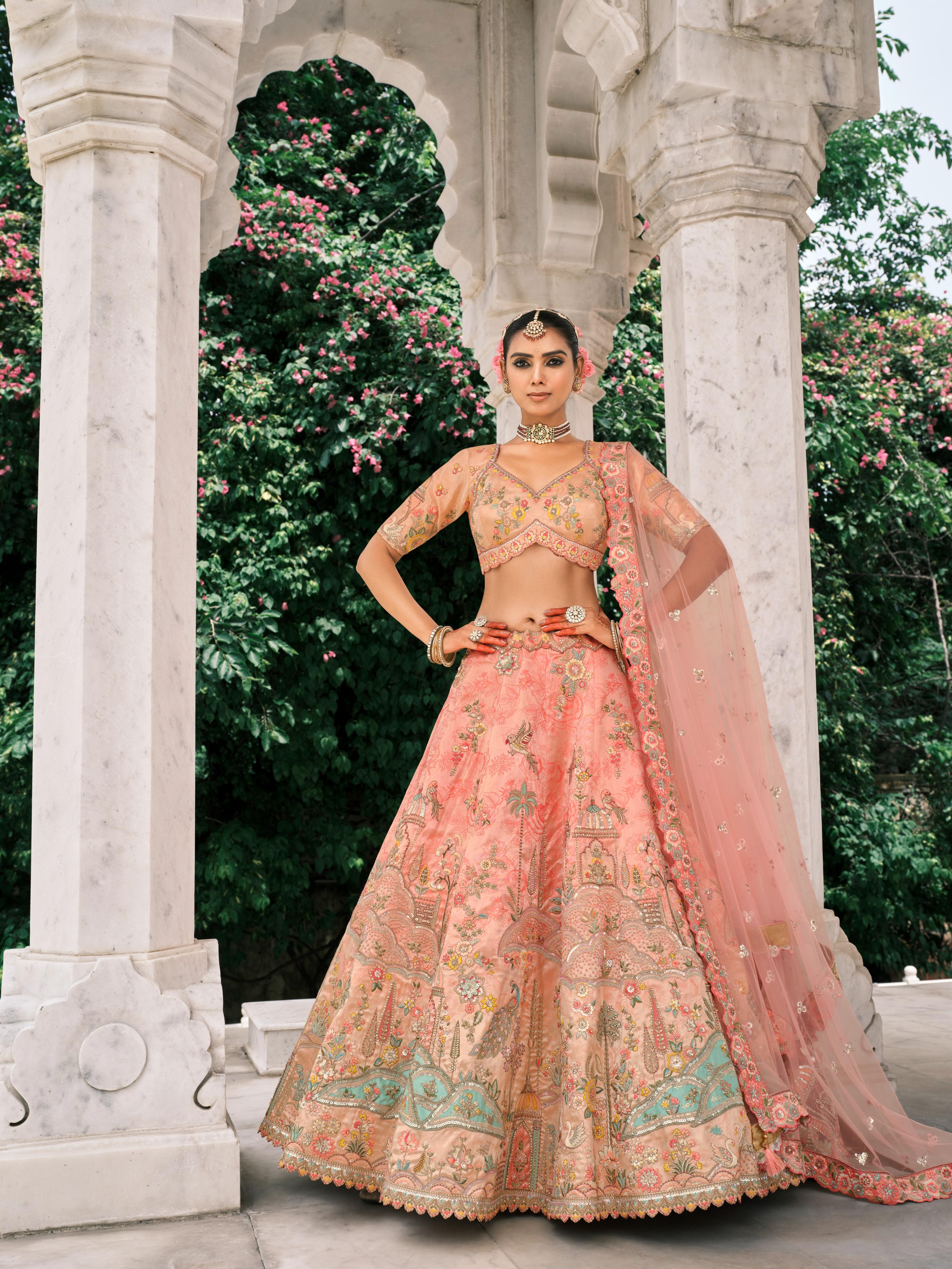 Peach Shimmer Tissue Silk Embroidered Lehenga Set