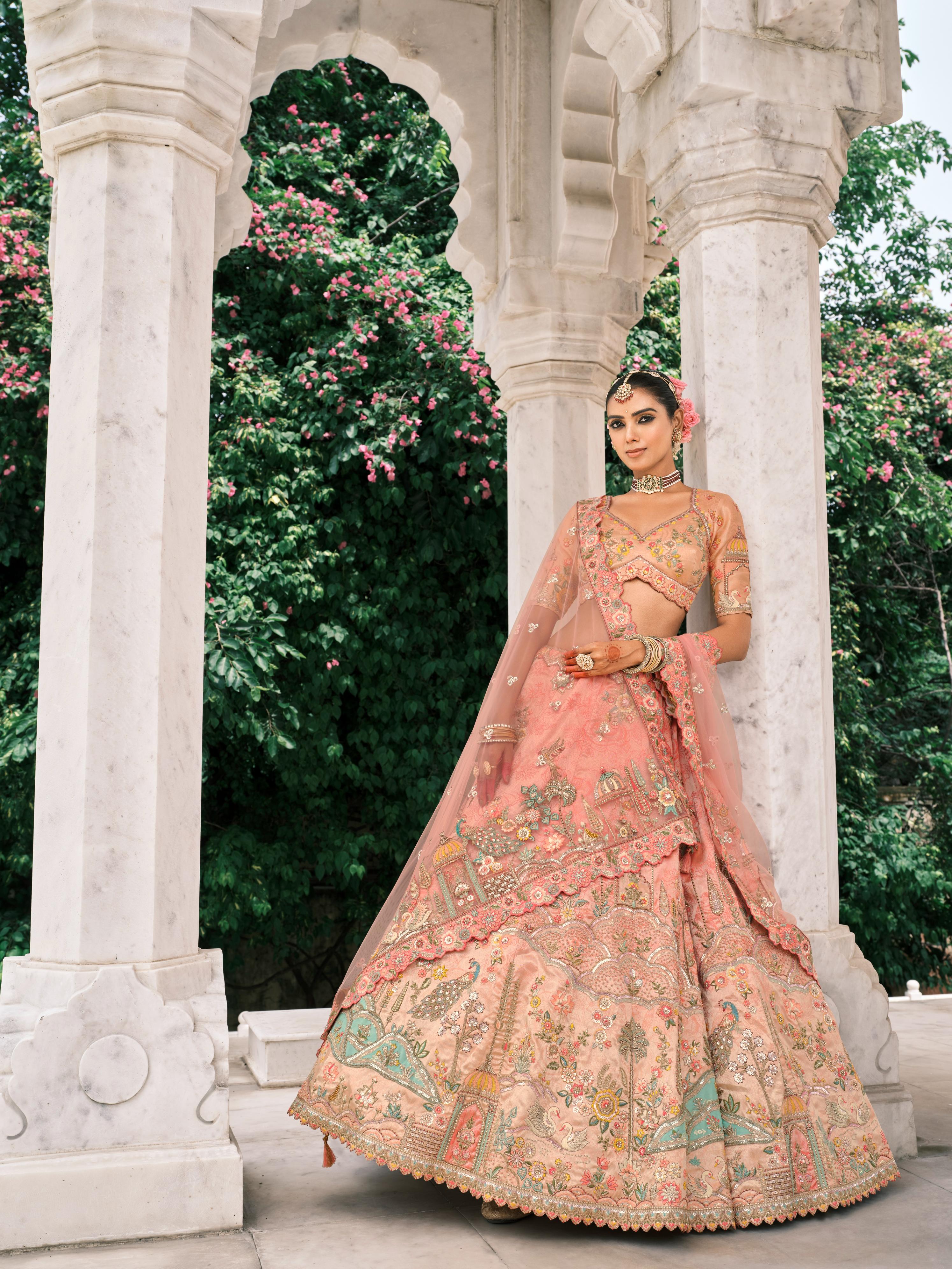 Peach Shimmer Tissue Silk Embroidered Lehenga Set