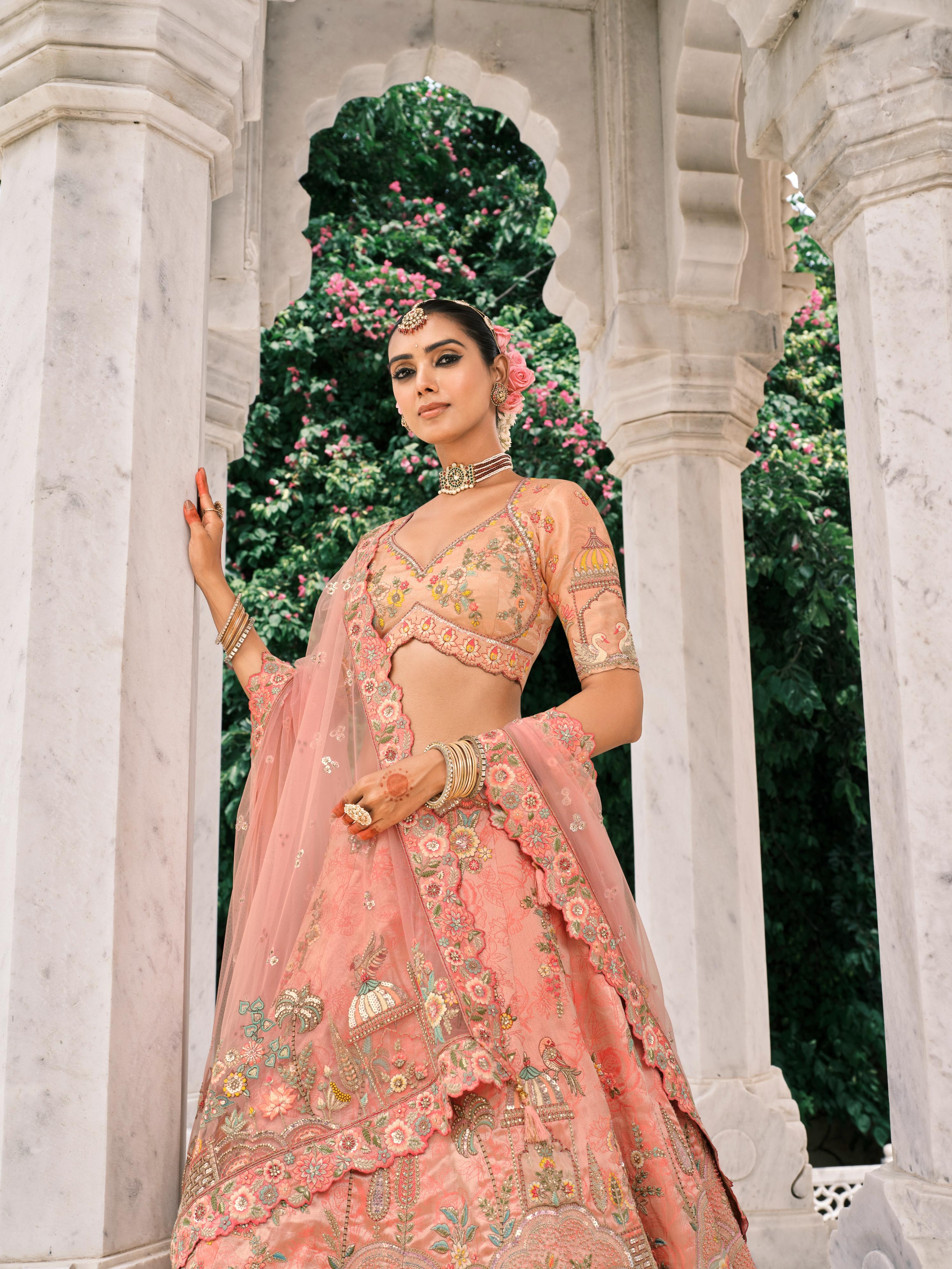 Peach Shimmer Tissue Silk Embroidered Lehenga Set