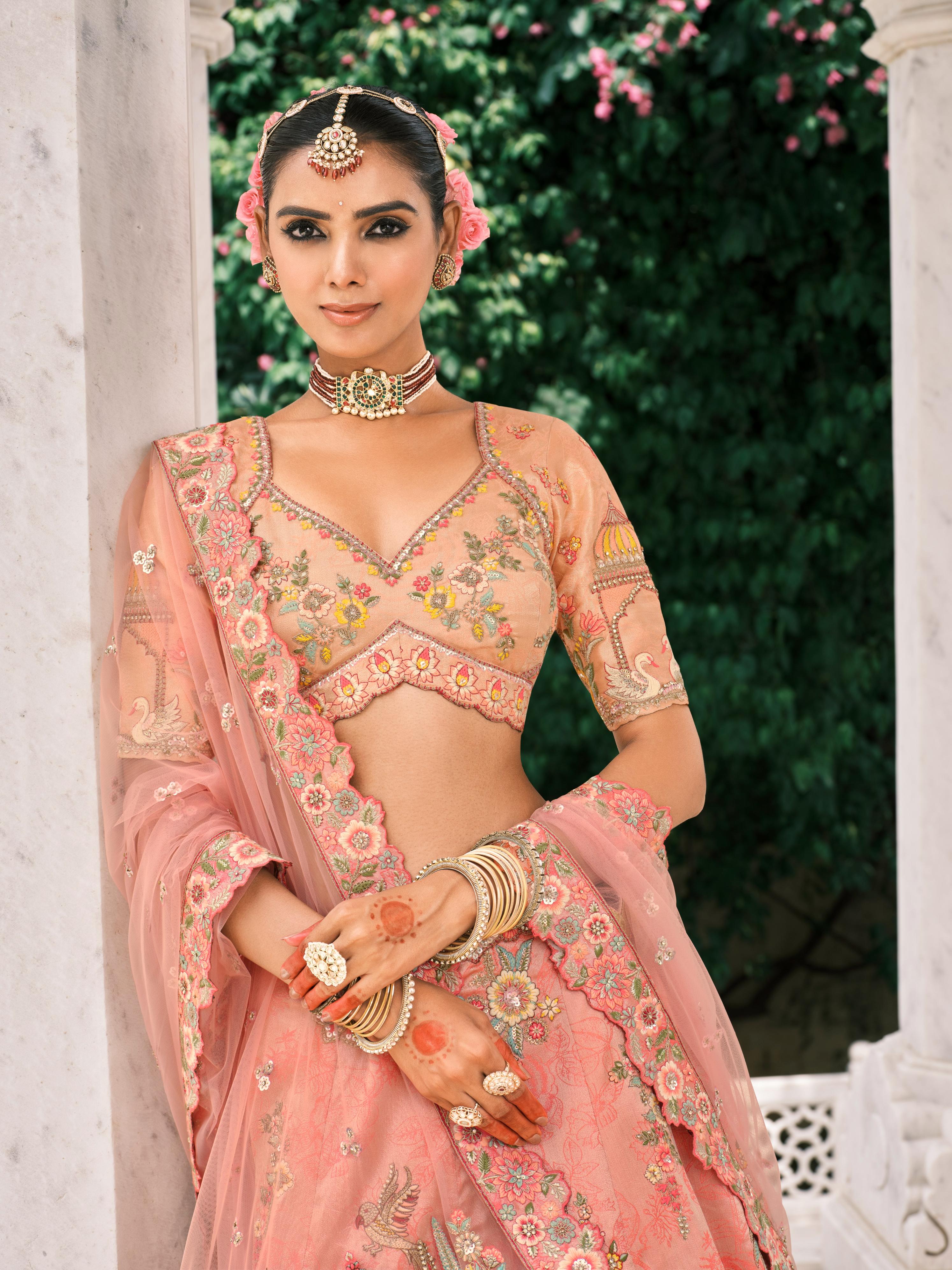 Peach Shimmer Tissue Silk Embroidered Lehenga Set