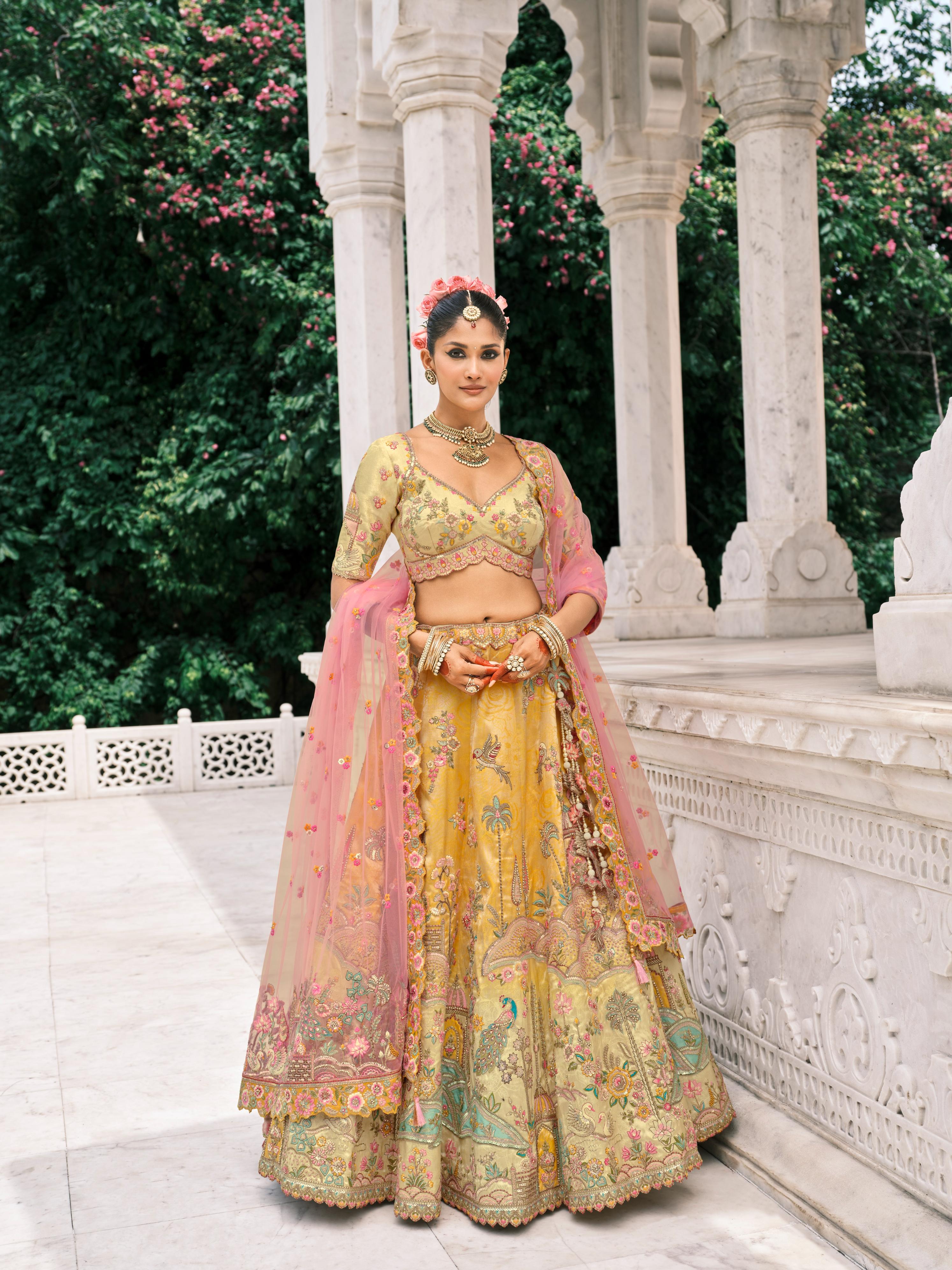 Mustard & Pink Shimmer Tissue Silk Embroidered Lehenga Set