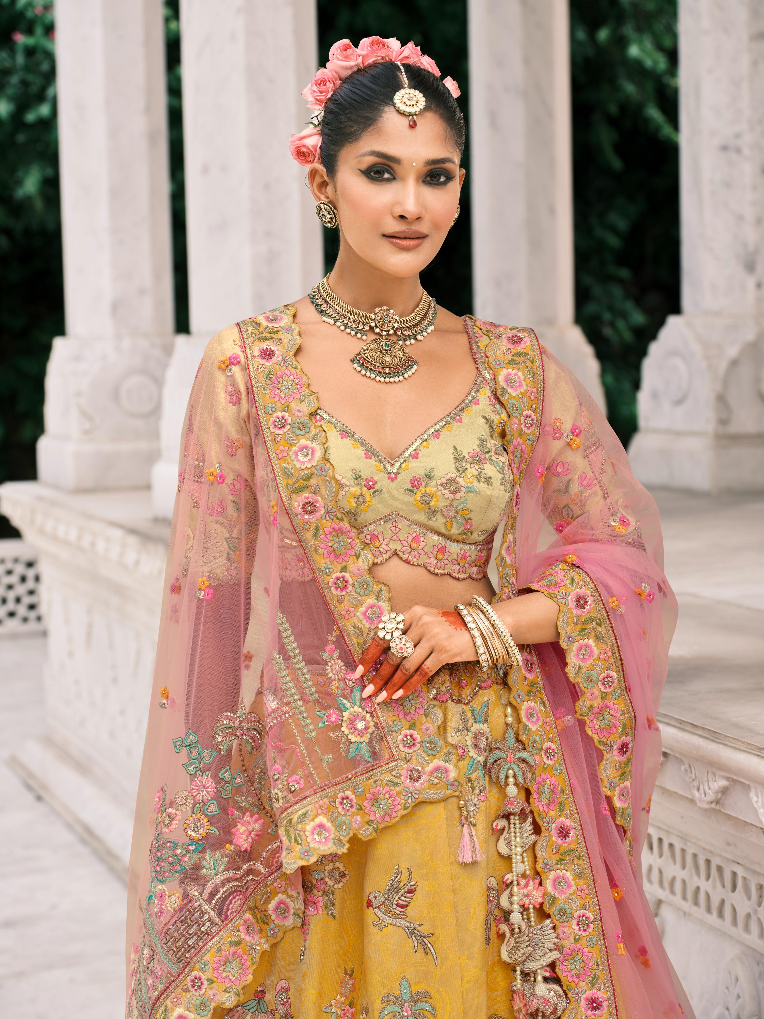 Mustard & Pink Shimmer Tissue Silk Embroidered Lehenga Set