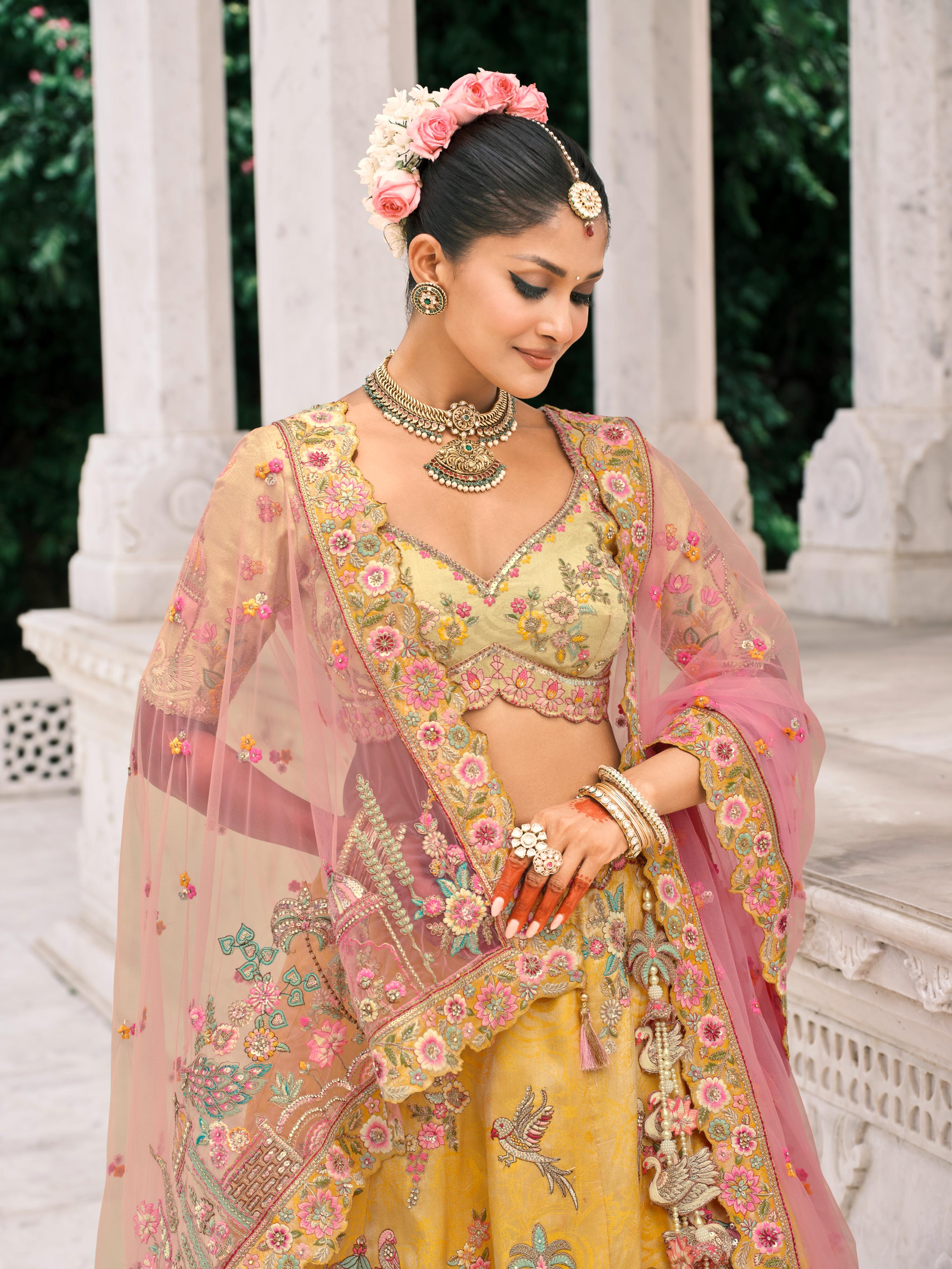 Mustard & Pink Shimmer Tissue Silk Embroidered Lehenga Set