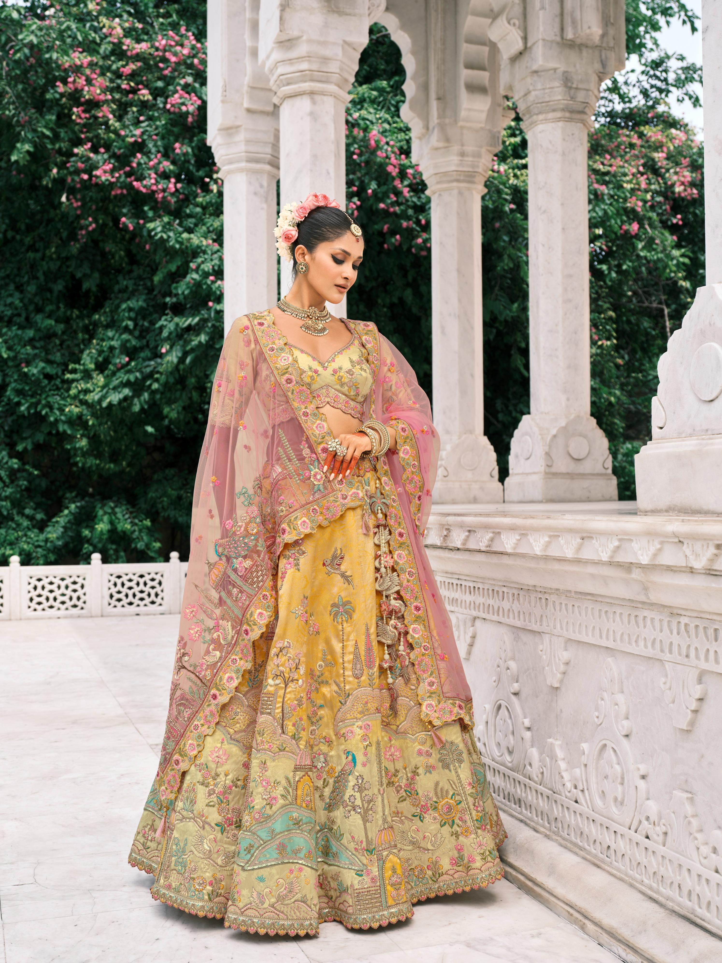 Mustard & Pink Shimmer Tissue Silk Embroidered Lehenga Set