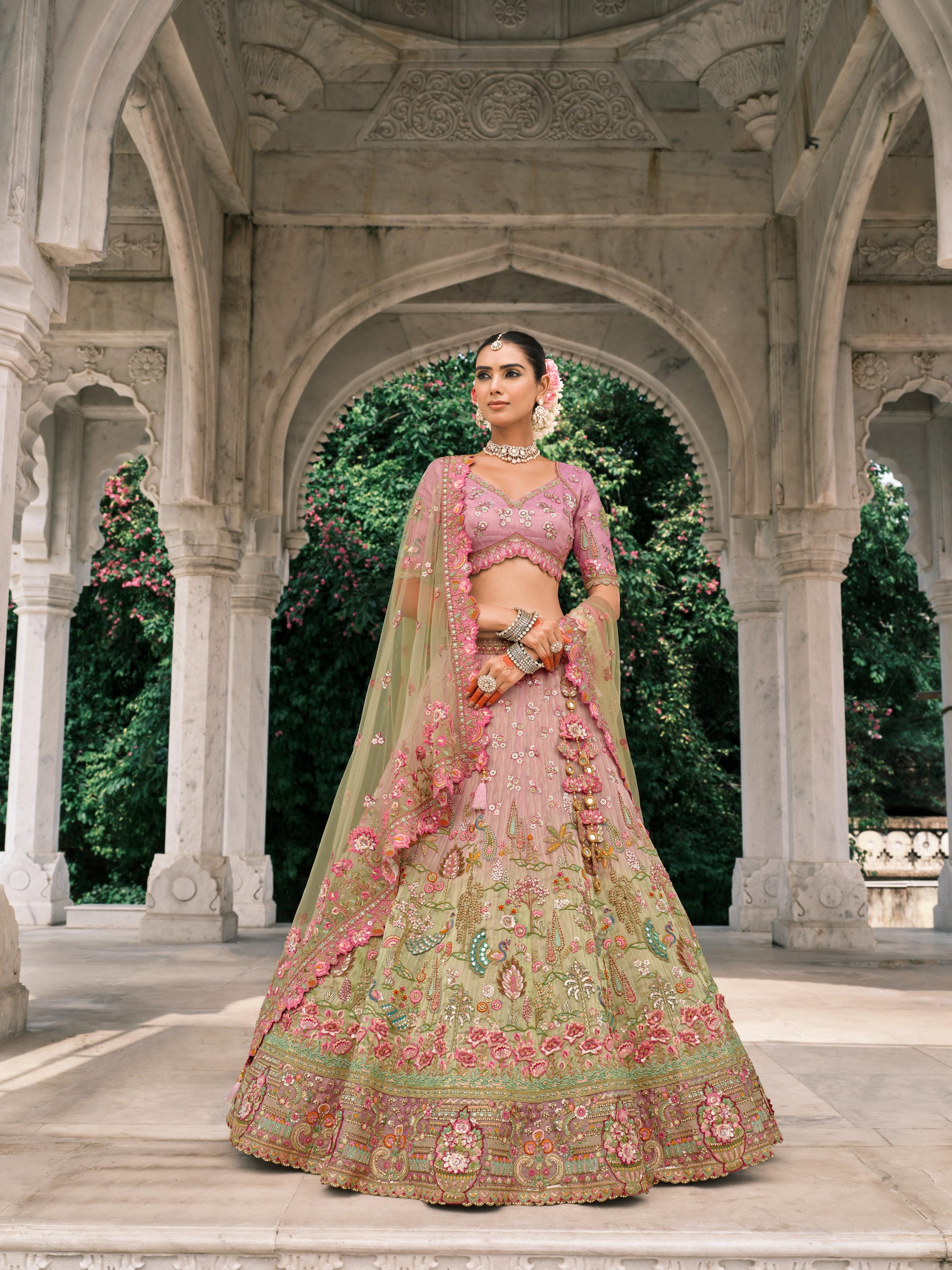 Pink Multicolor Handwork Shimmer Tissue Silk Lehenga Set