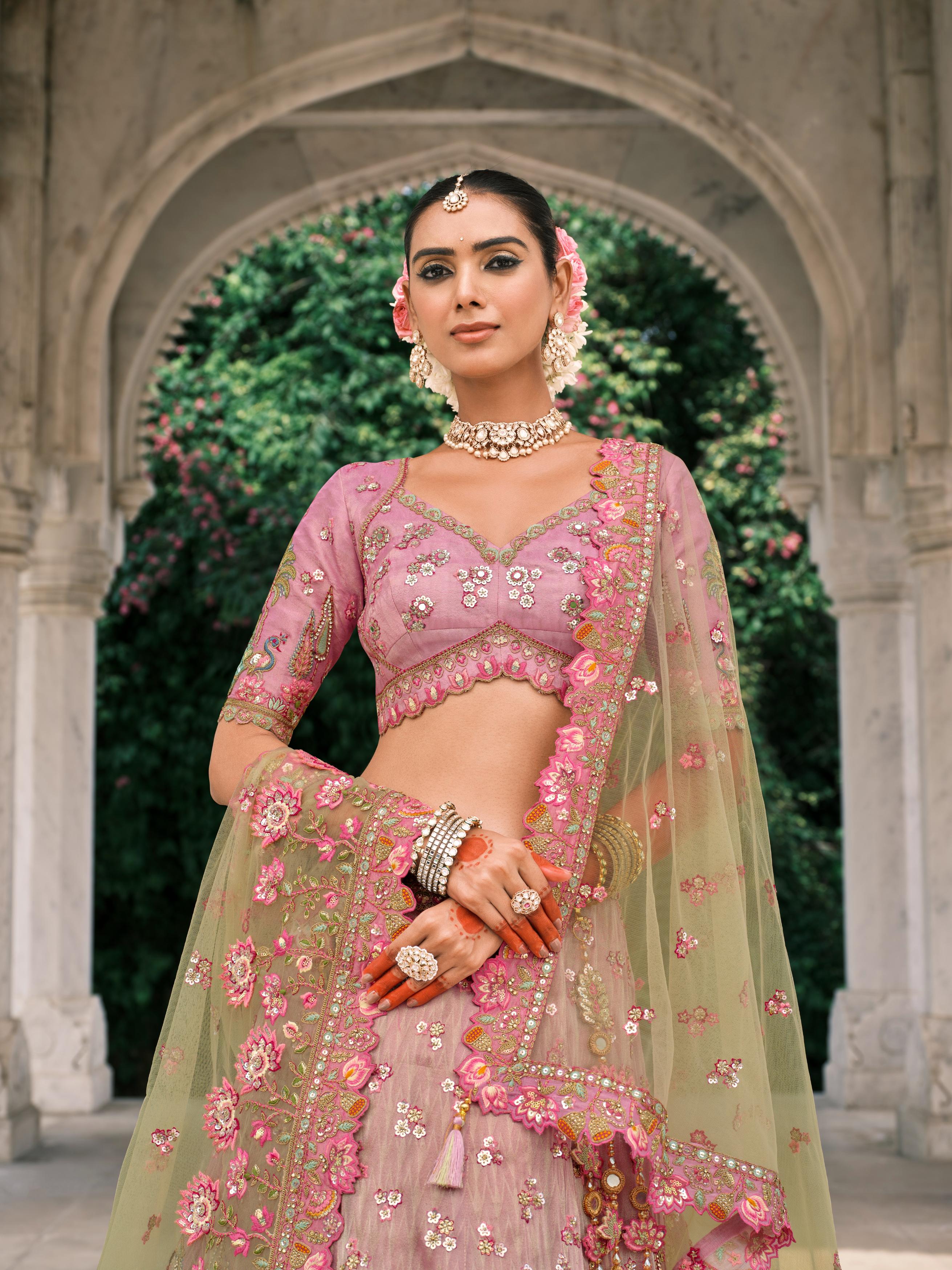 Pink Multicolor Handwork Shimmer Tissue Silk Lehenga Set