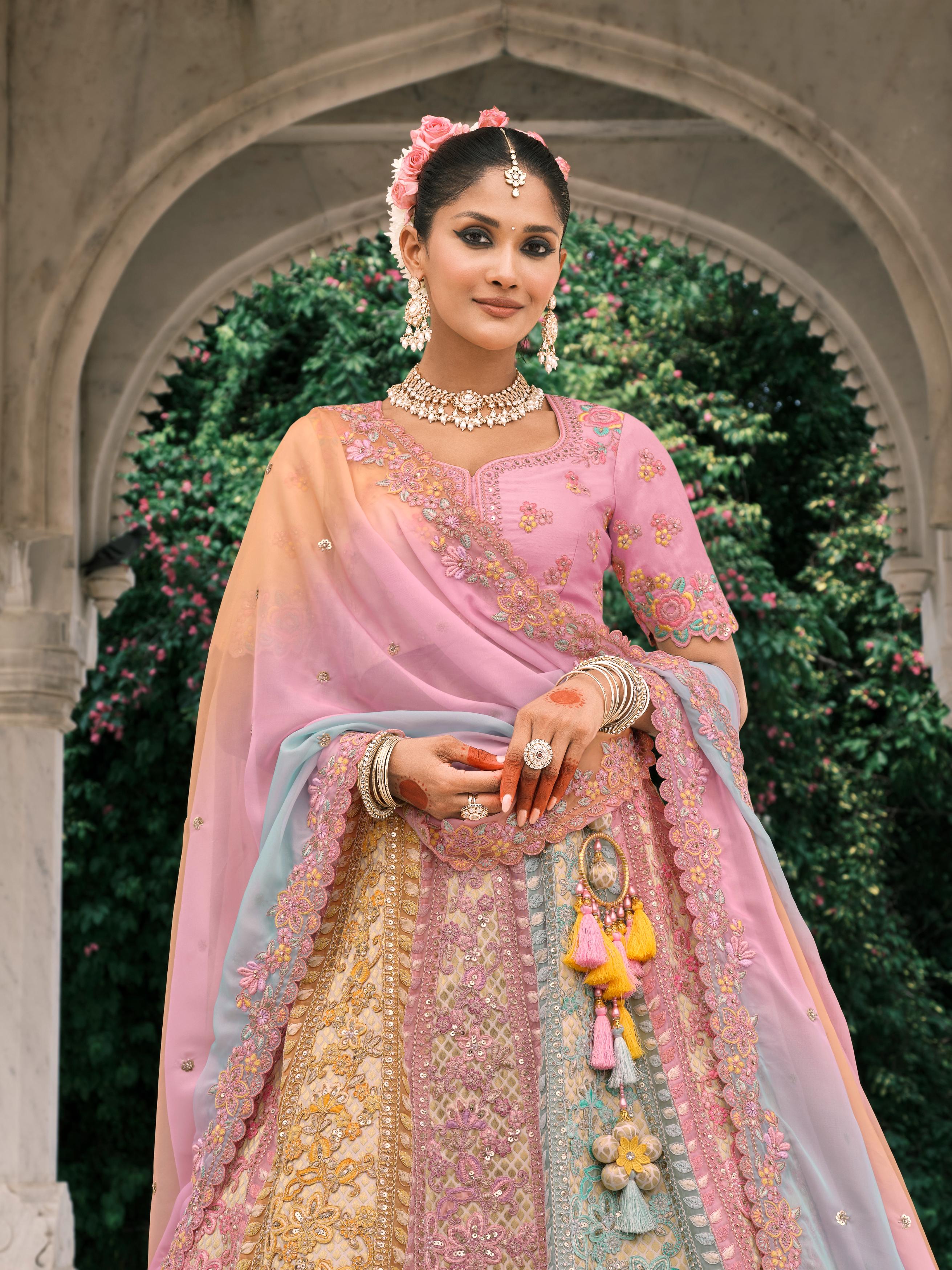 Pastel Multicolour Embellished Premium Shimmer Tissue Silk Lehenga Set