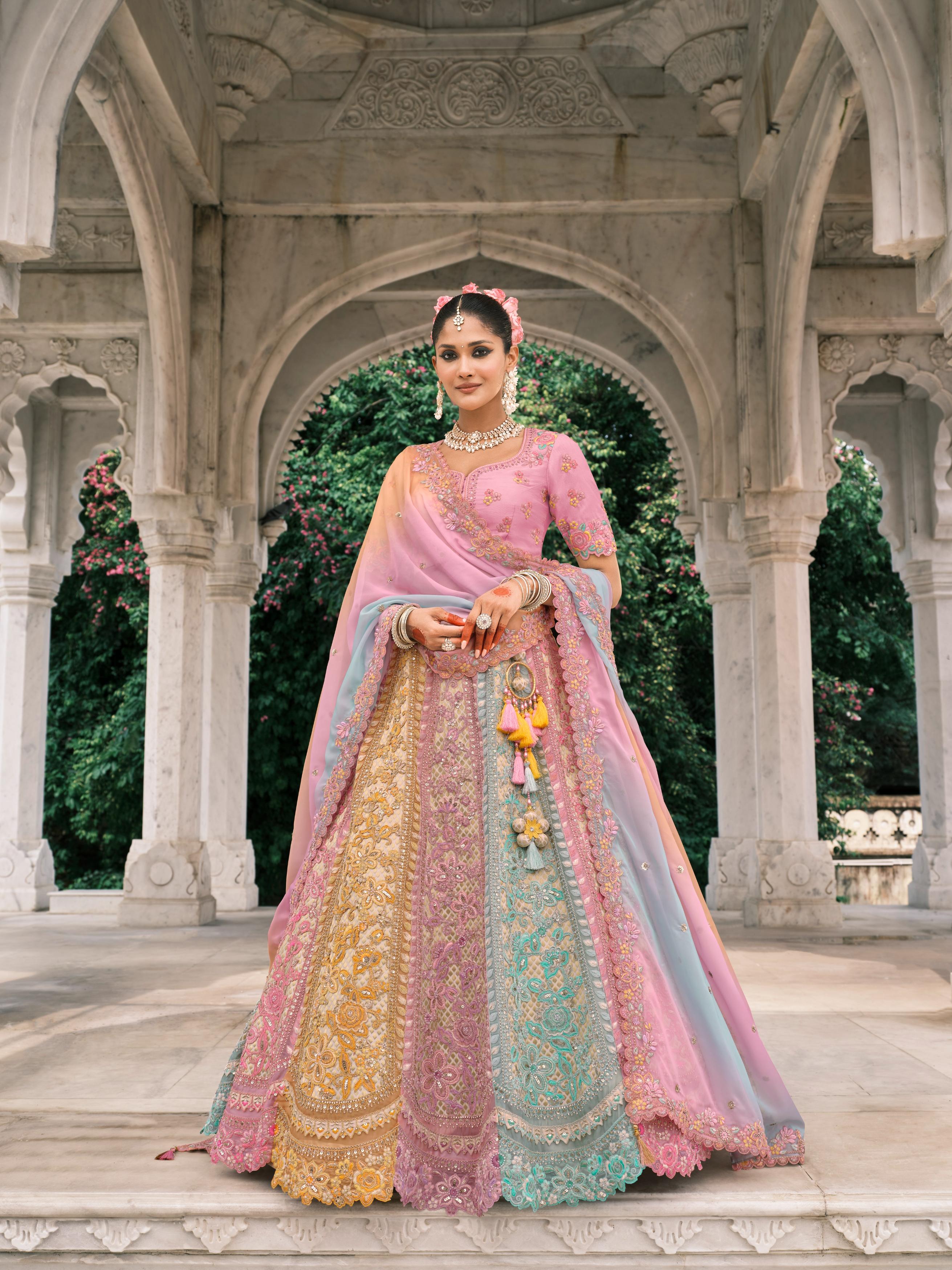 Pastel Multicolour Embellished Premium Shimmer Tissue Silk Lehenga Set