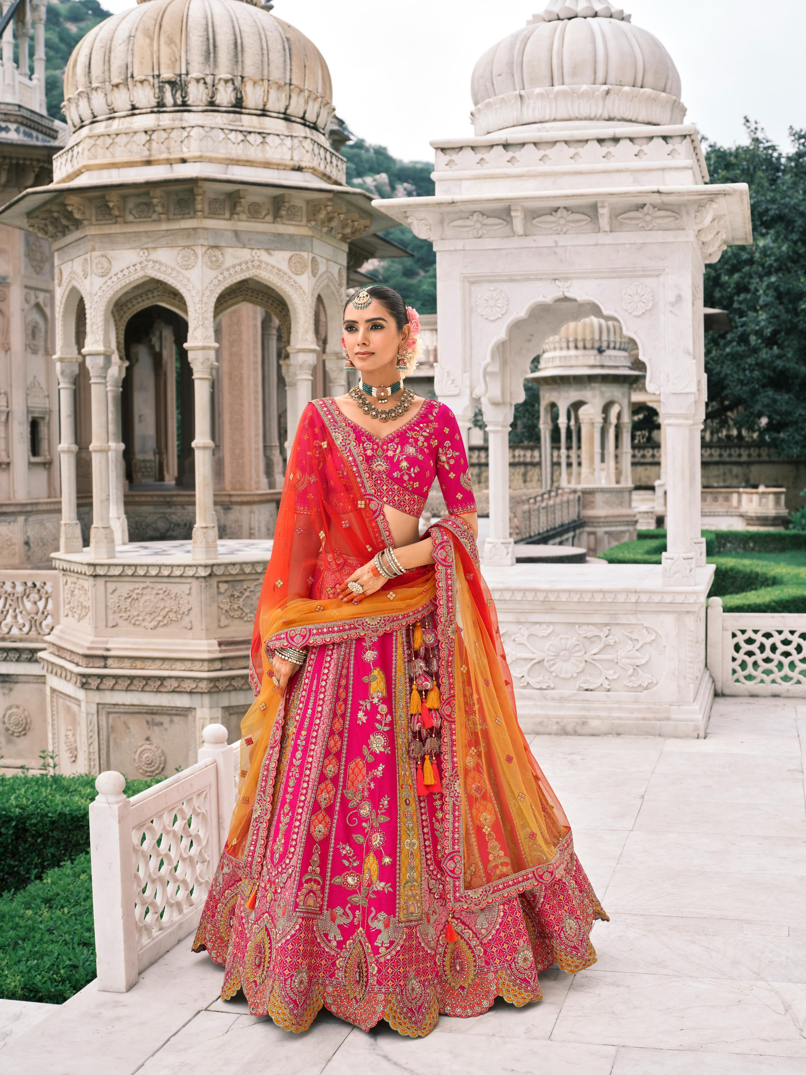 Pink & Orange Multicolour Embellished Shimmer Tissue Silk Lehenga Set