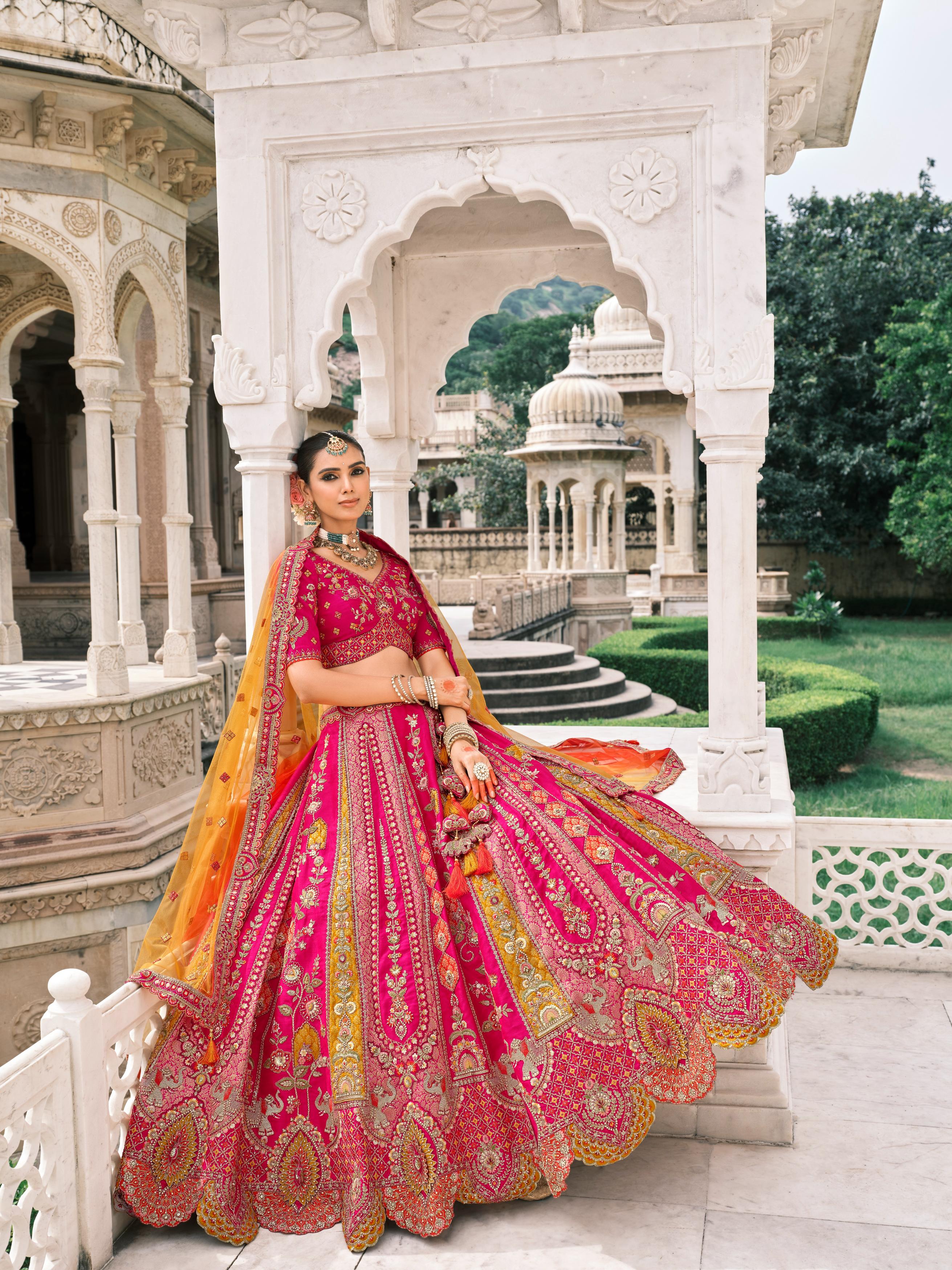 Pink & Orange Multicolour Embellished Shimmer Tissue Silk Lehenga Set