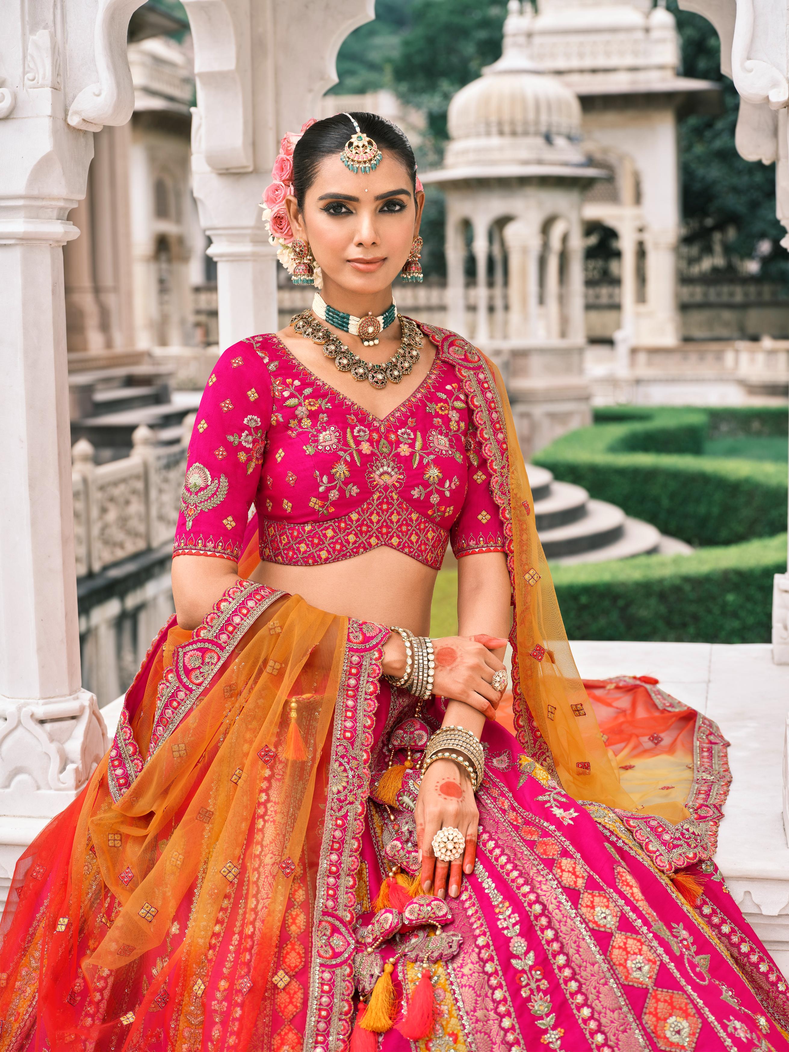 Pink & Orange Multicolour Embellished Shimmer Tissue Silk Lehenga Set