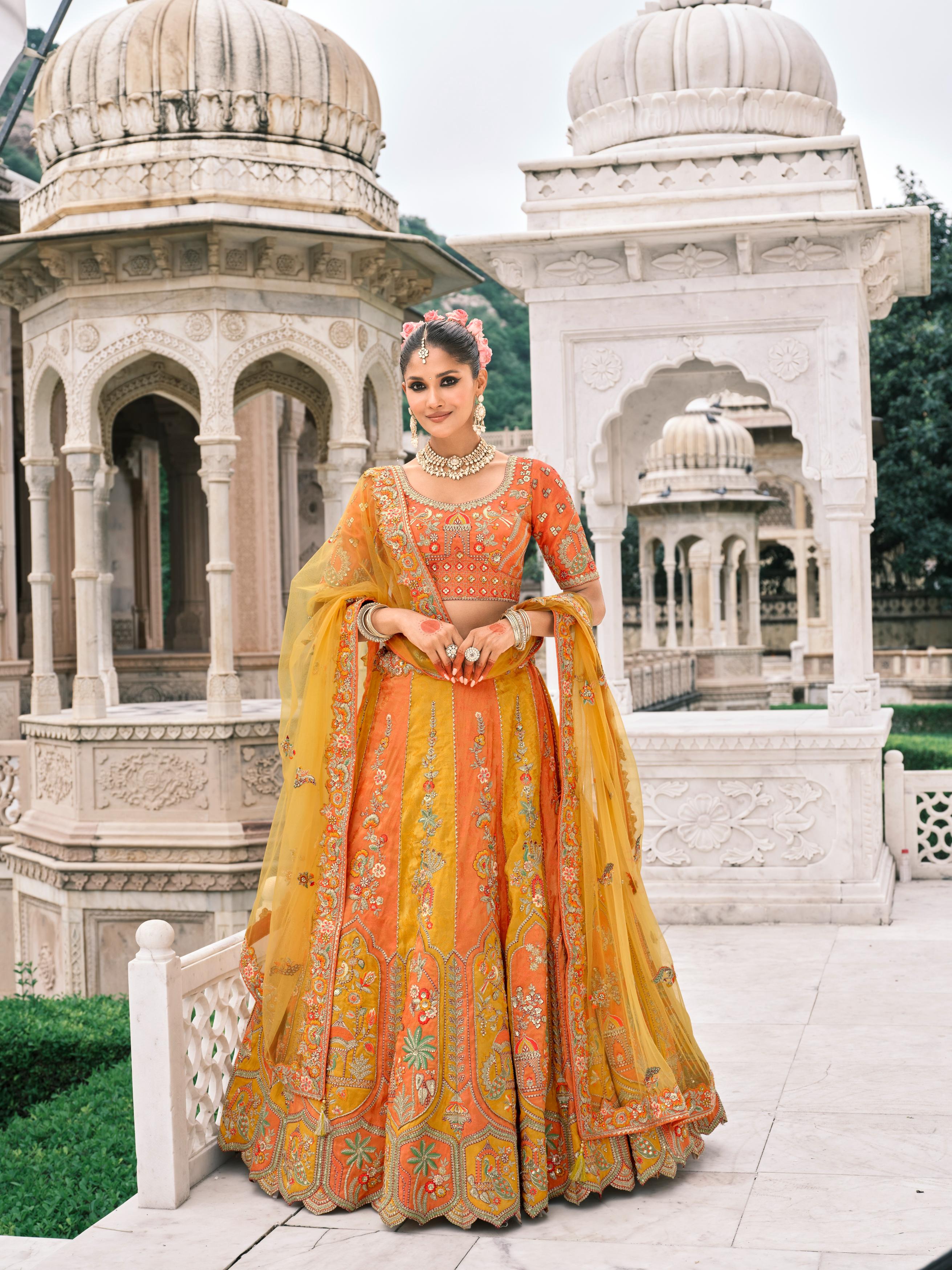 Orange & Yellow Multicolour Embellished Premium Shimmer Tissue Silk Lehenga Set