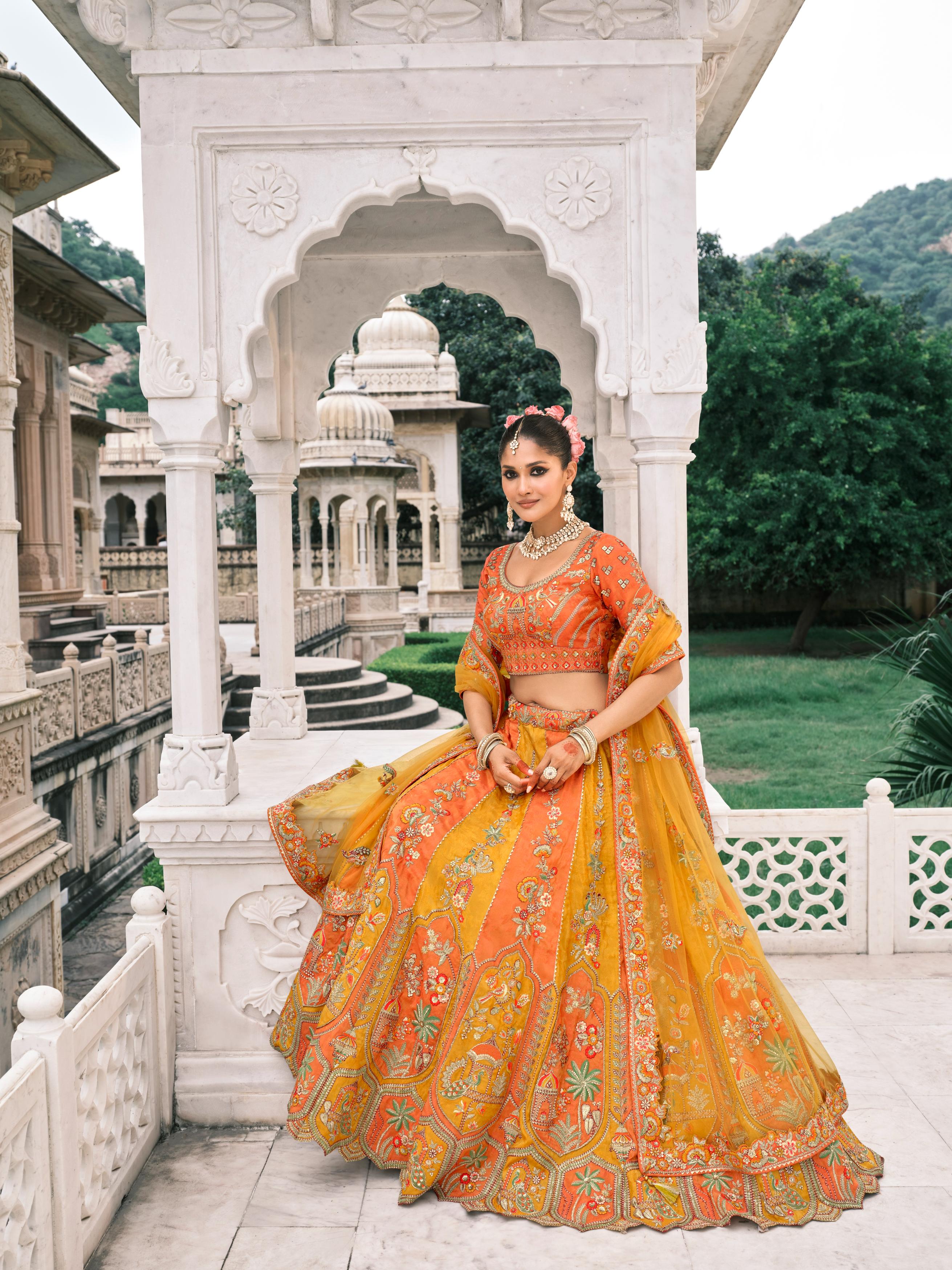 Orange & Yellow Multicolour Embellished Premium Shimmer Tissue Silk Lehenga Set
