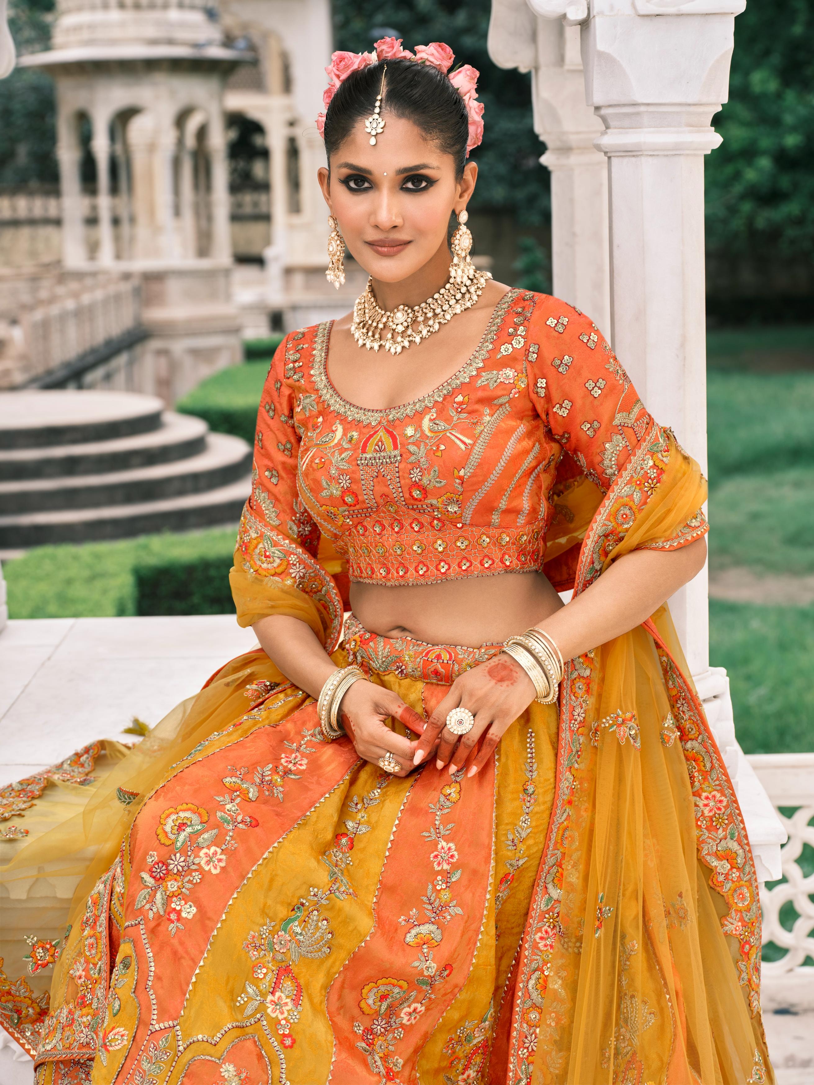 Orange & Yellow Multicolour Embellished Premium Shimmer Tissue Silk Lehenga Set
