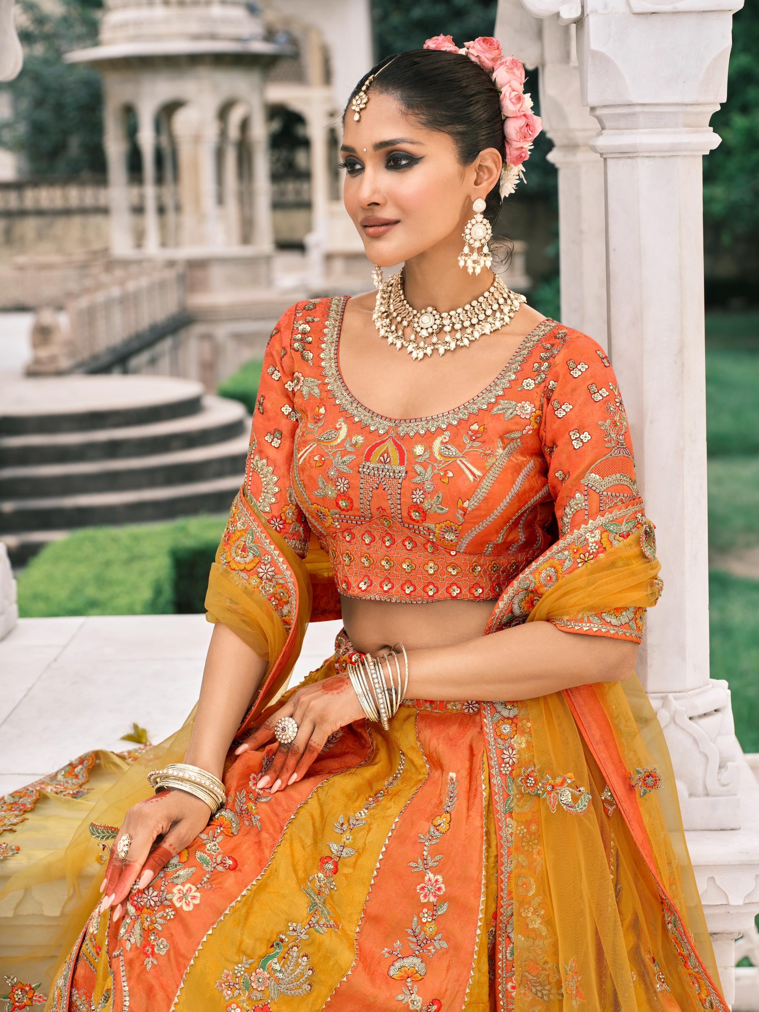 Orange & Yellow Multicolour Embellished Premium Shimmer Tissue Silk Lehenga Set