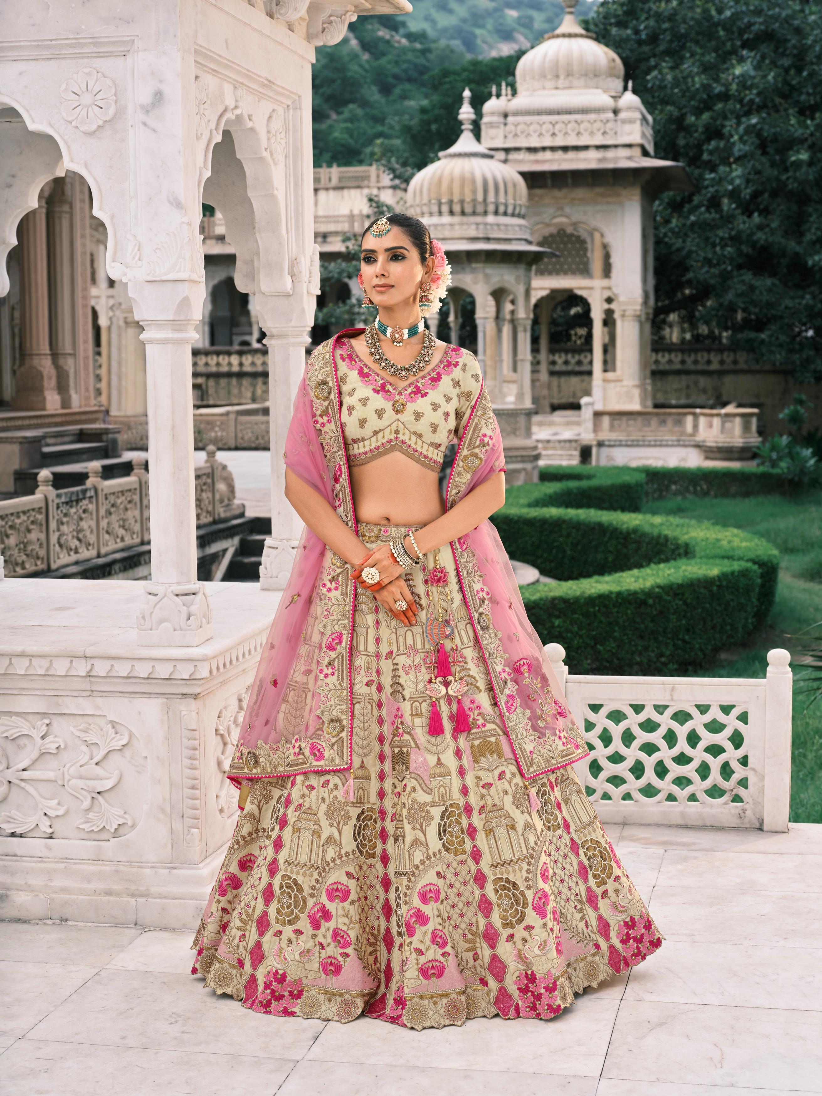 Cream & Pink Multicolor Embellished Shimmer Tissue Silk Lehenga Set