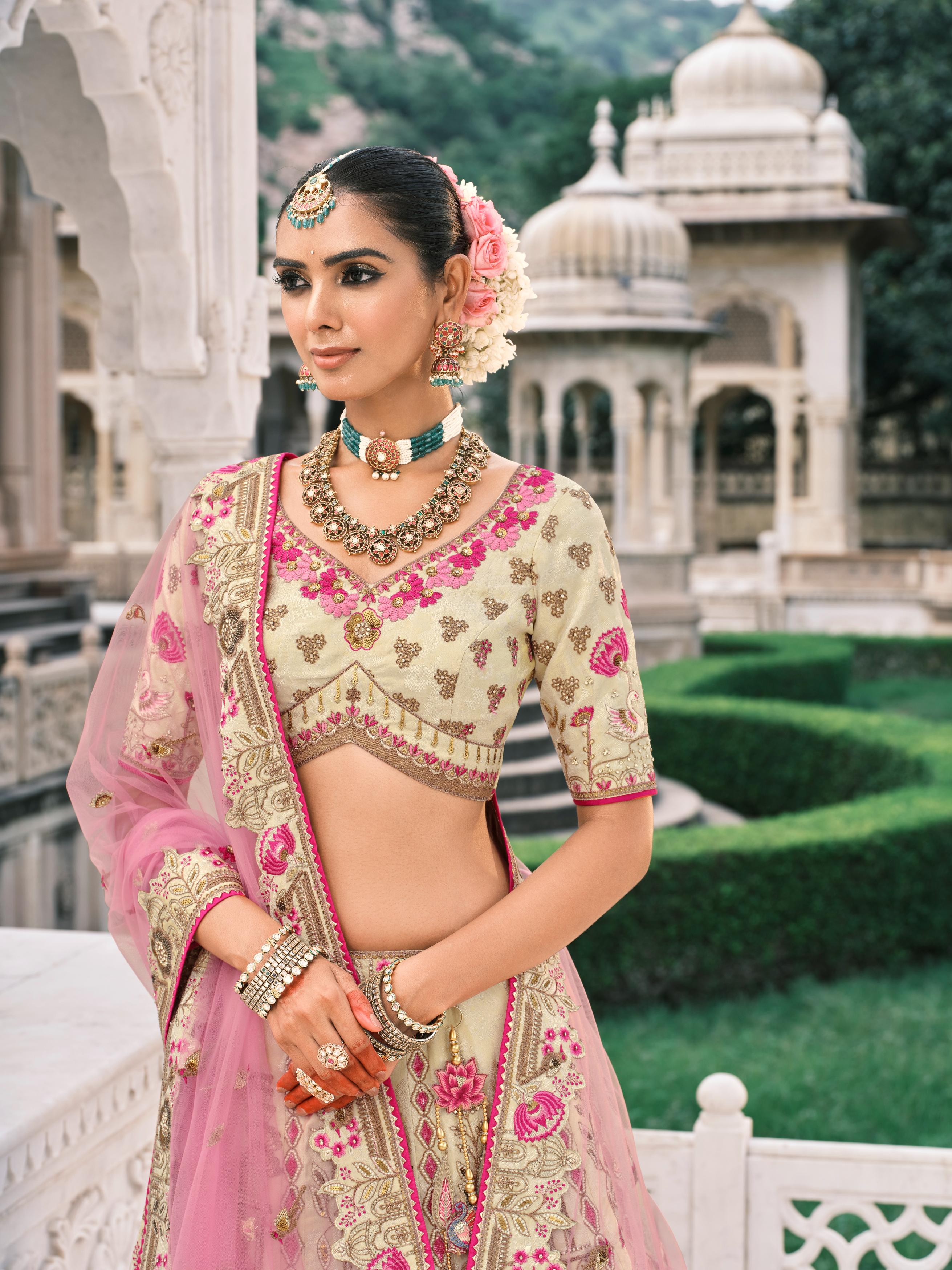 Cream & Pink Multicolor Embellished Shimmer Tissue Silk Lehenga Set