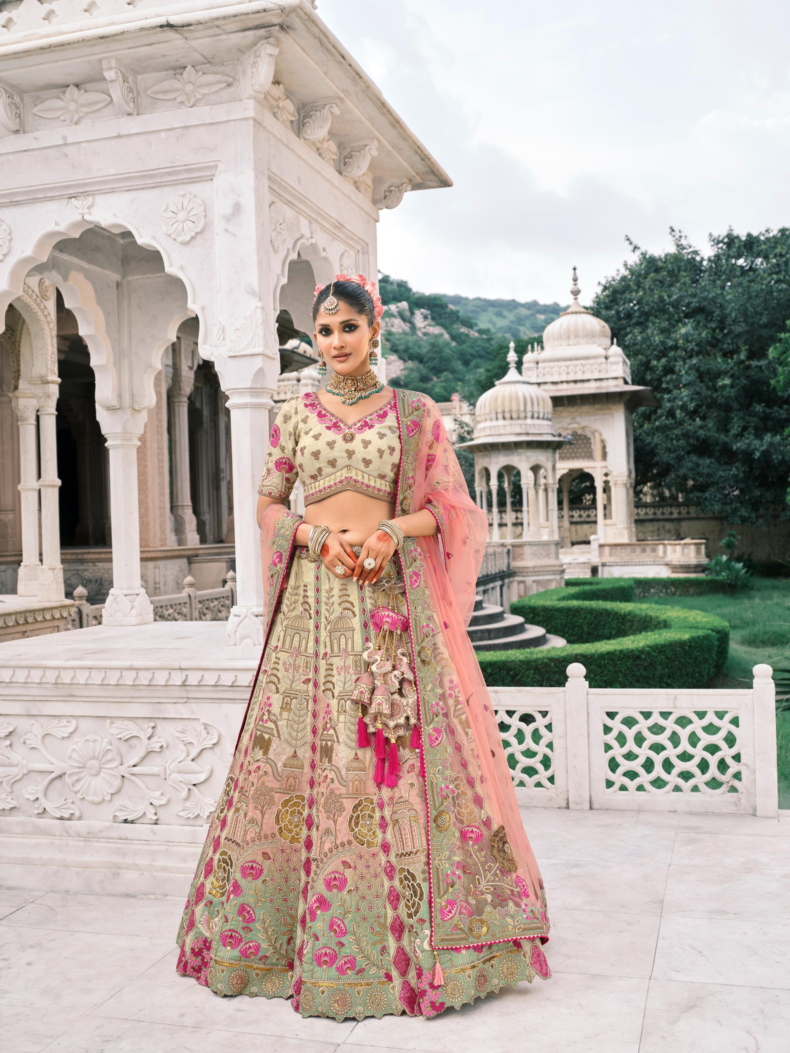 Cream Pink Multicolor Embellished Shimmer Tissue Silk Lehenga Set