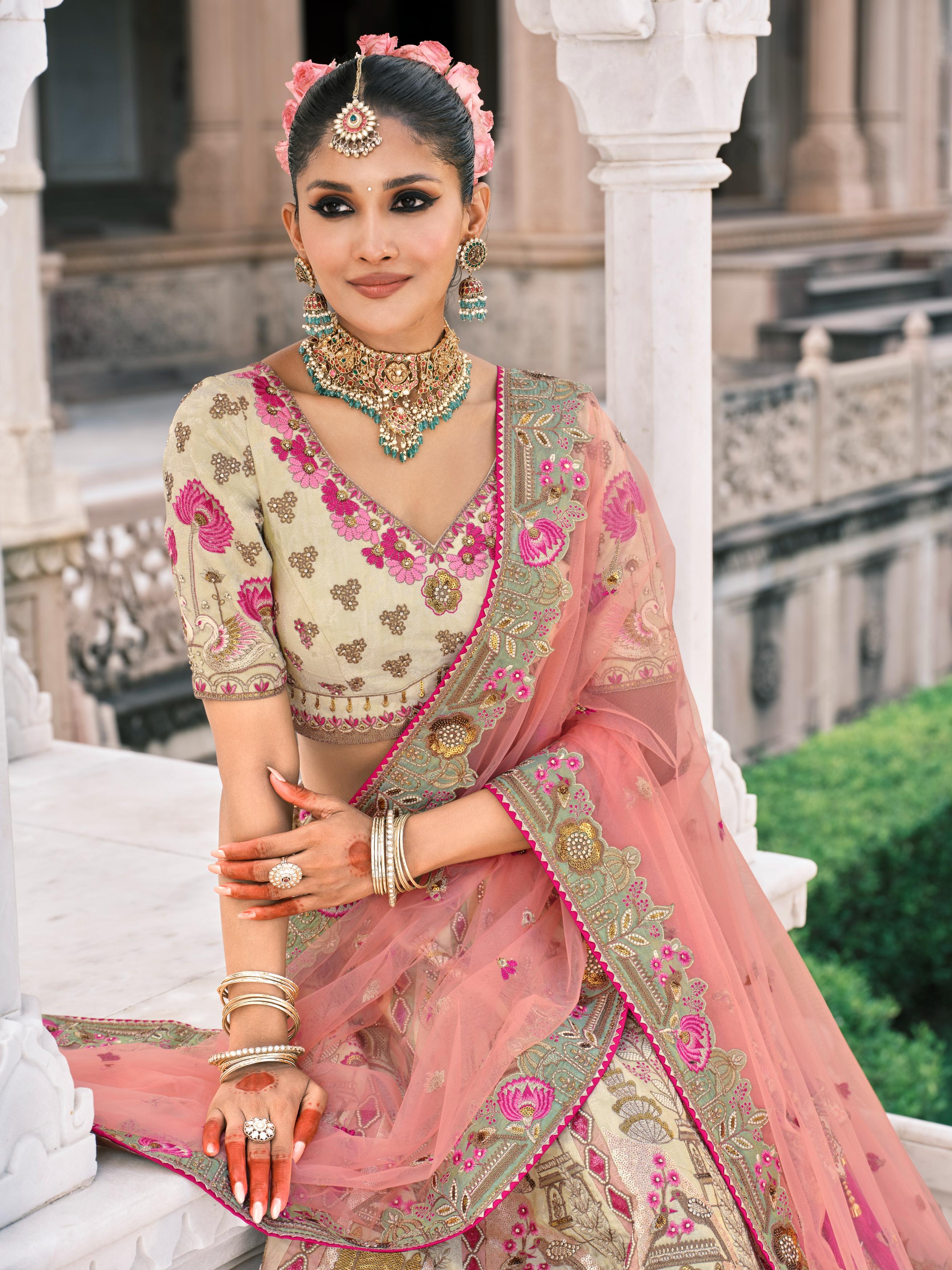 Cream Pink Multicolor Embellished Shimmer Tissue Silk Lehenga Set