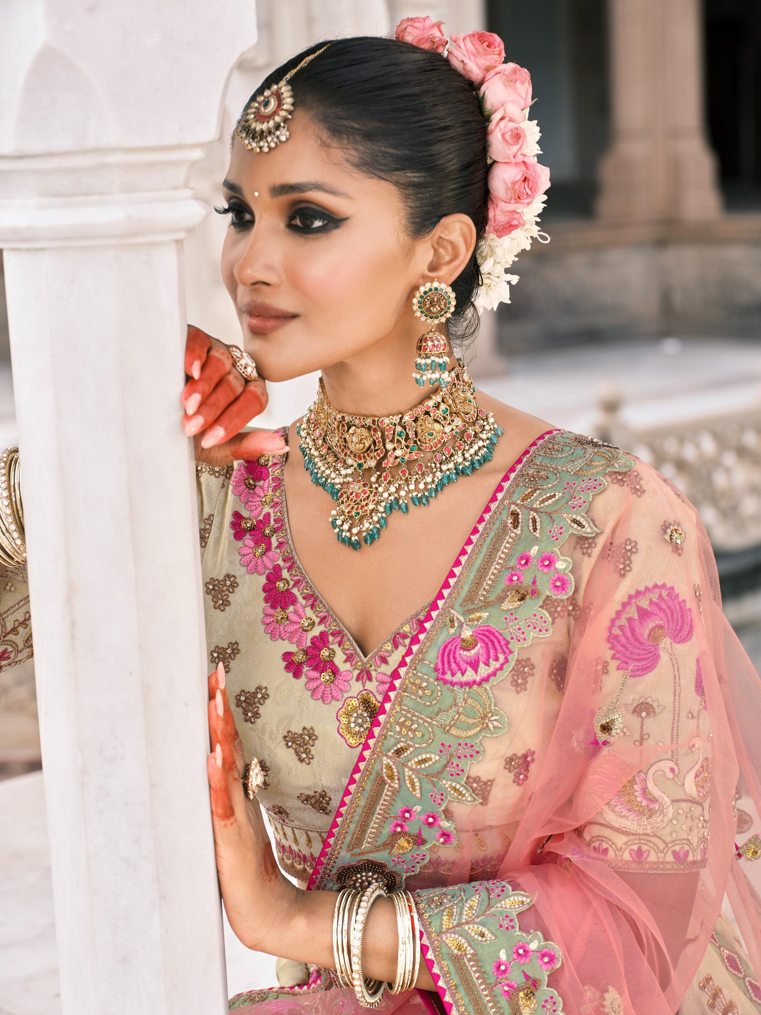 Cream Pink Multicolor Embellished Shimmer Tissue Silk Lehenga Set