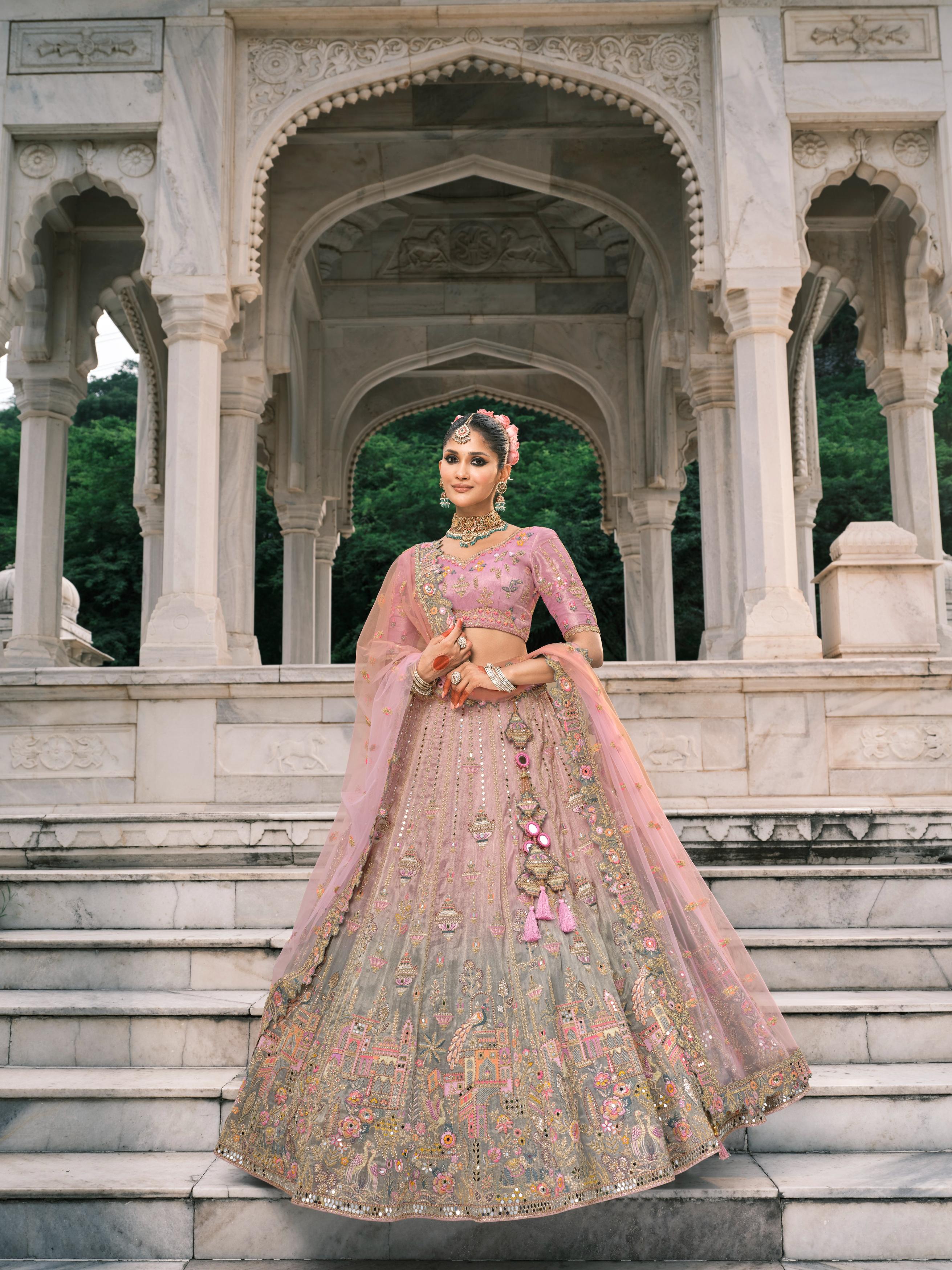 Pink Mint Multicolor Handwork Premium Fancy Silk Lehenga Set