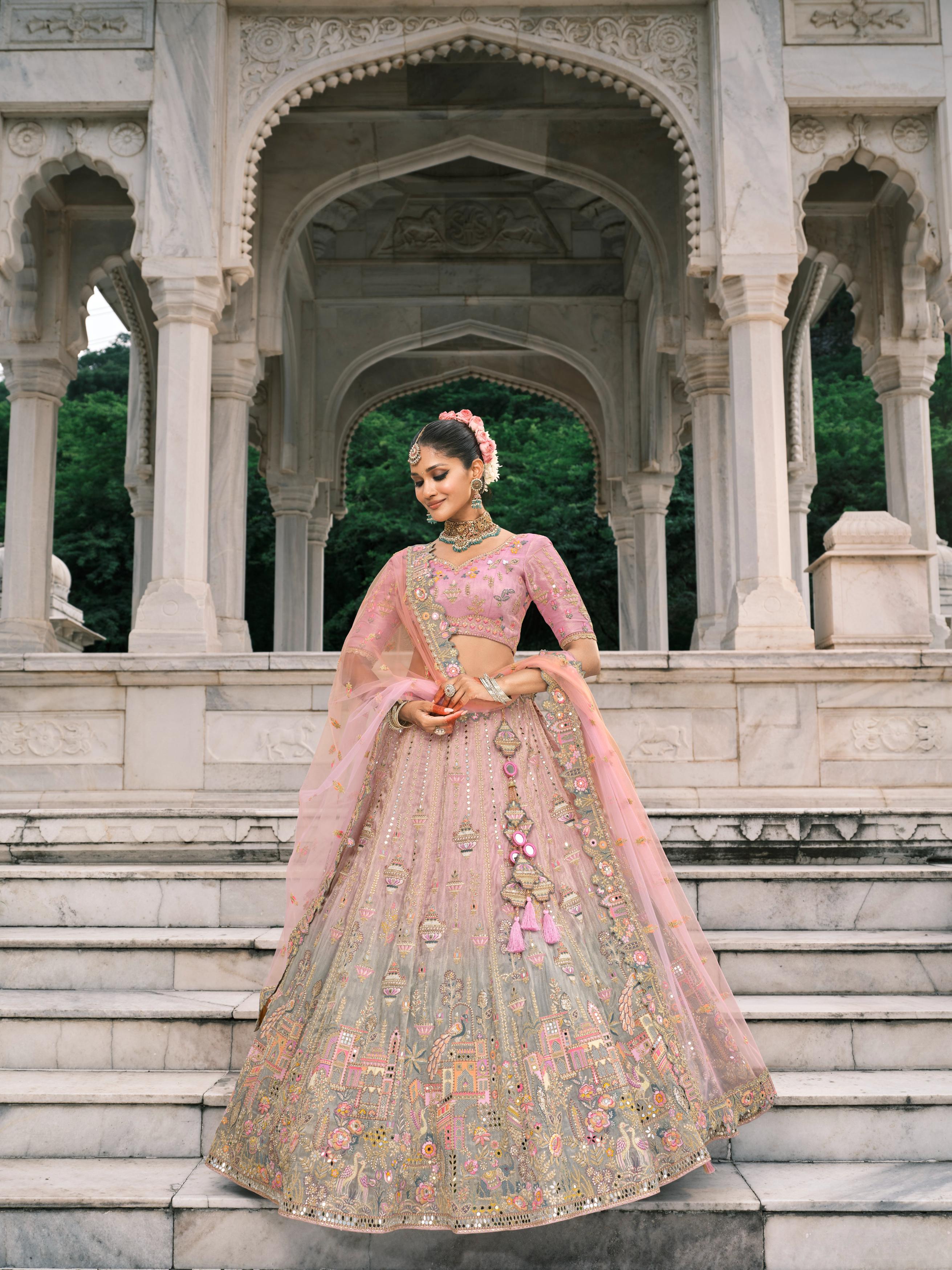 Pink Mint Multicolor Handwork Premium Fancy Silk Lehenga Set