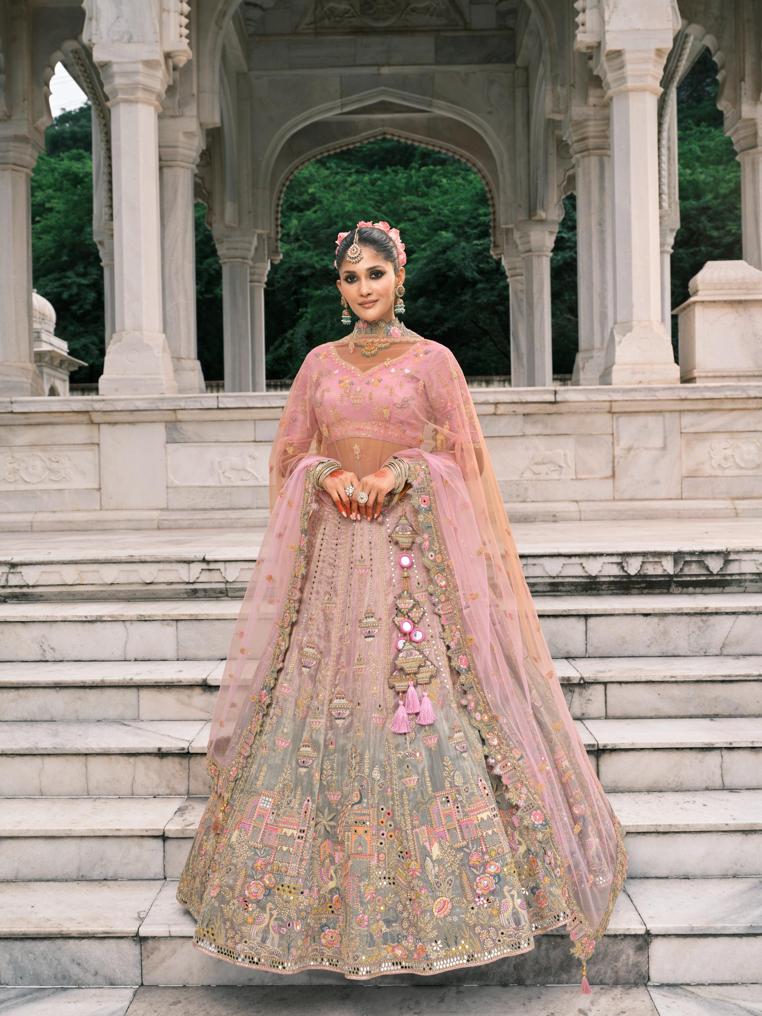 Pink Mint Multicolor Handwork Premium Fancy Silk Lehenga Set