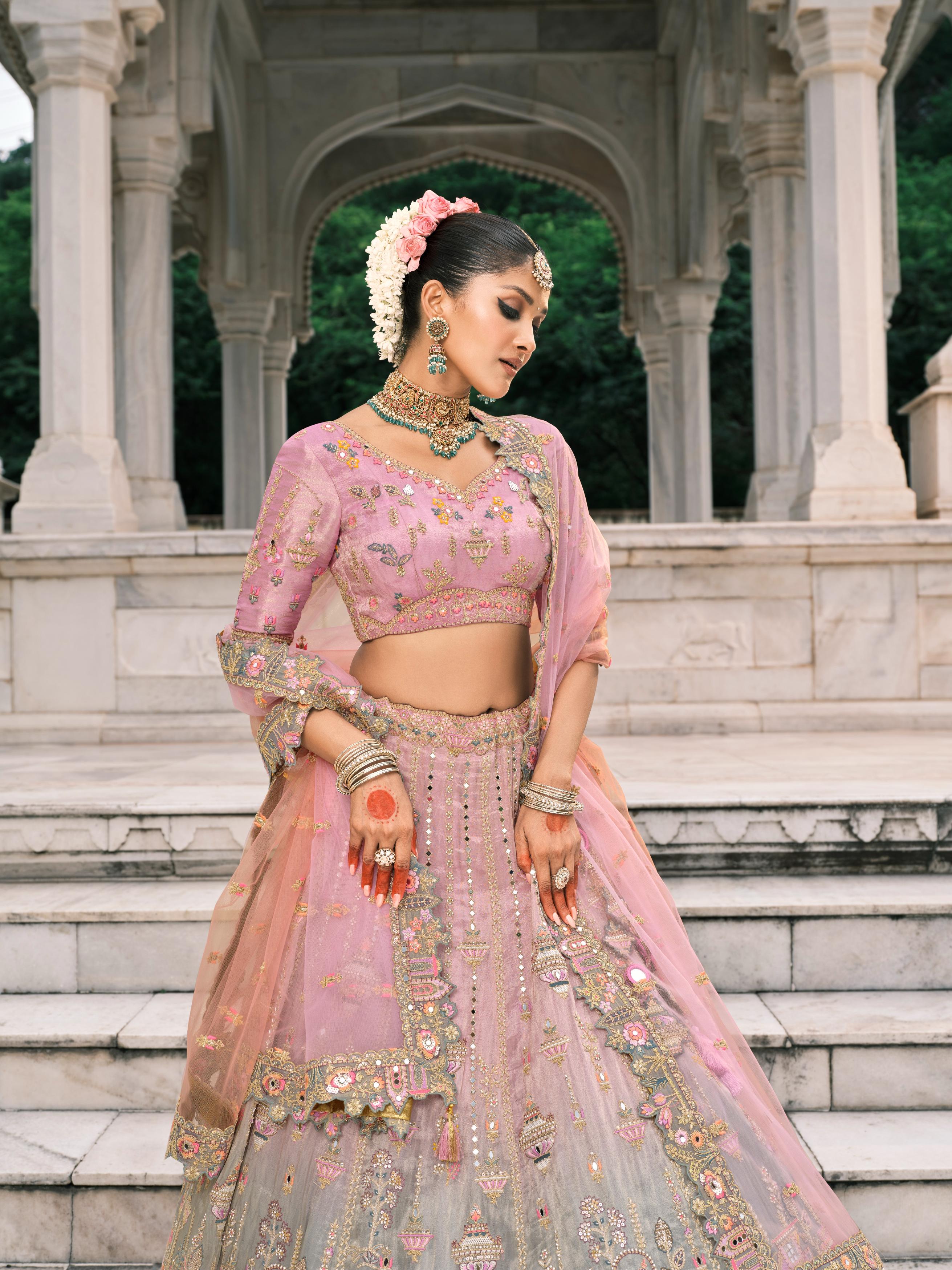 Pink Mint Multicolor Handwork Premium Fancy Silk Lehenga Set