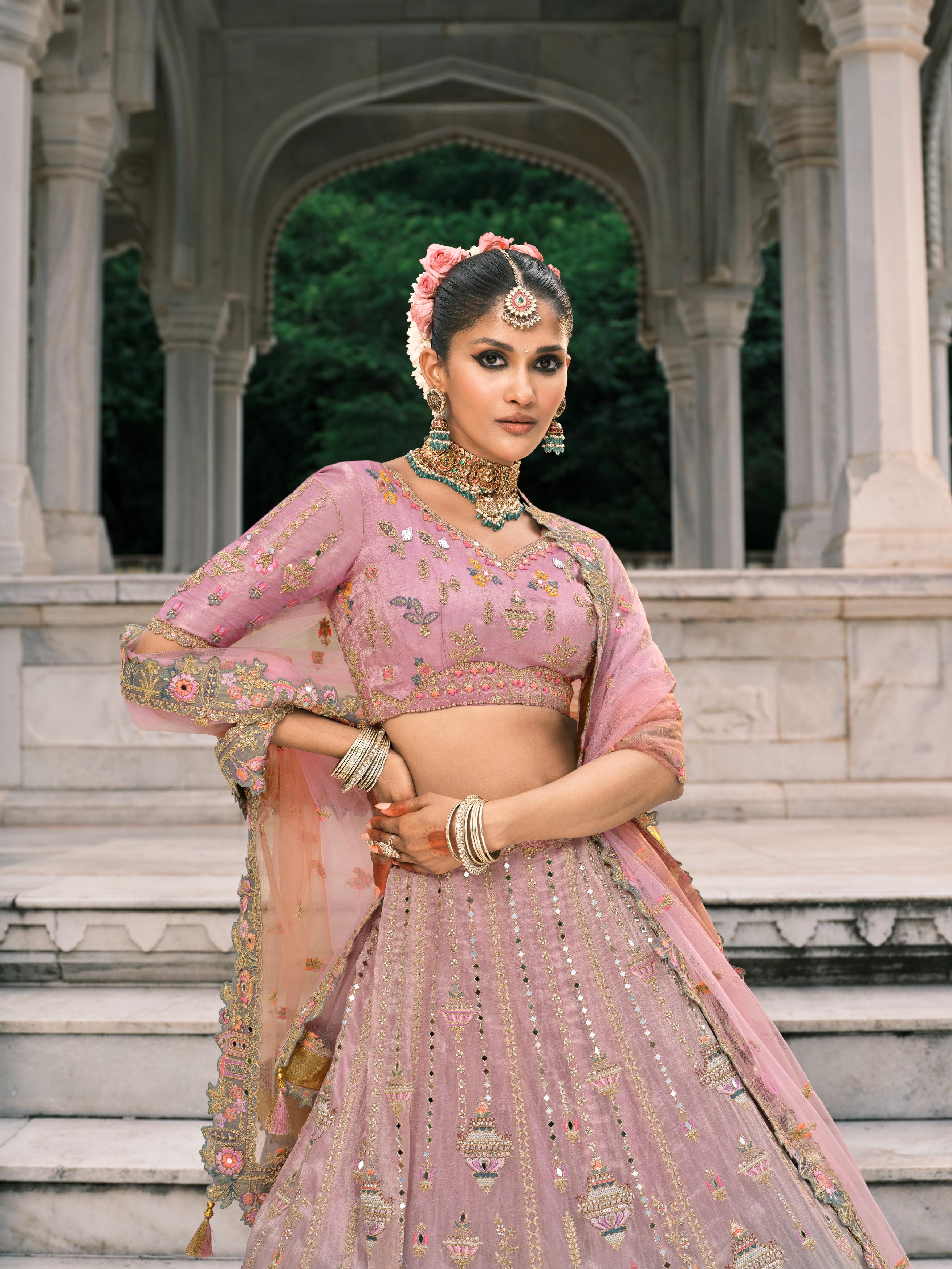 Pink Mint Multicolor Handwork Premium Fancy Silk Lehenga Set