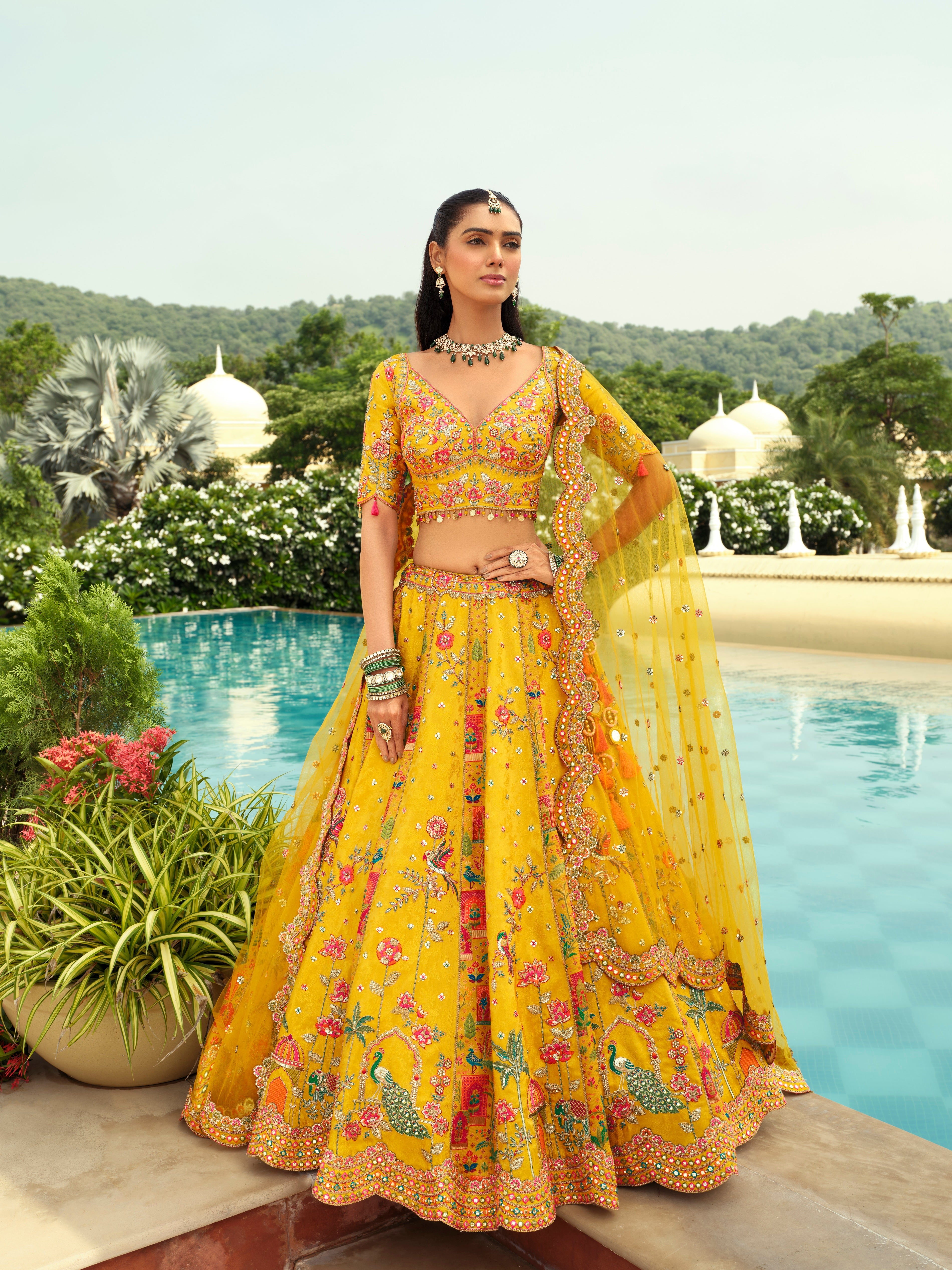 Marigold Yellow Embellished Premium Silk Lehenga Set