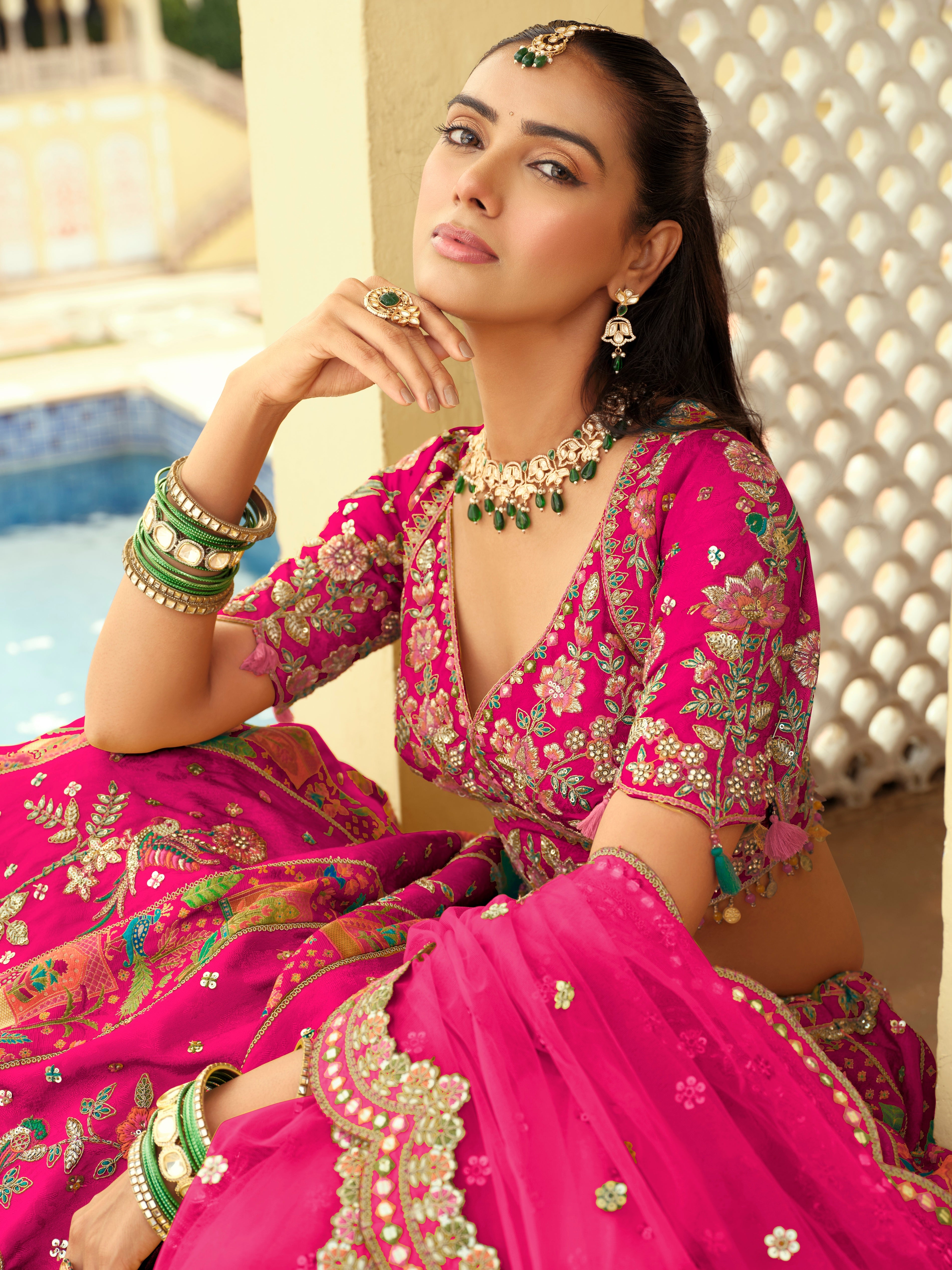Fuchsia Pink Embellished Premium Silk Lehenga Set
