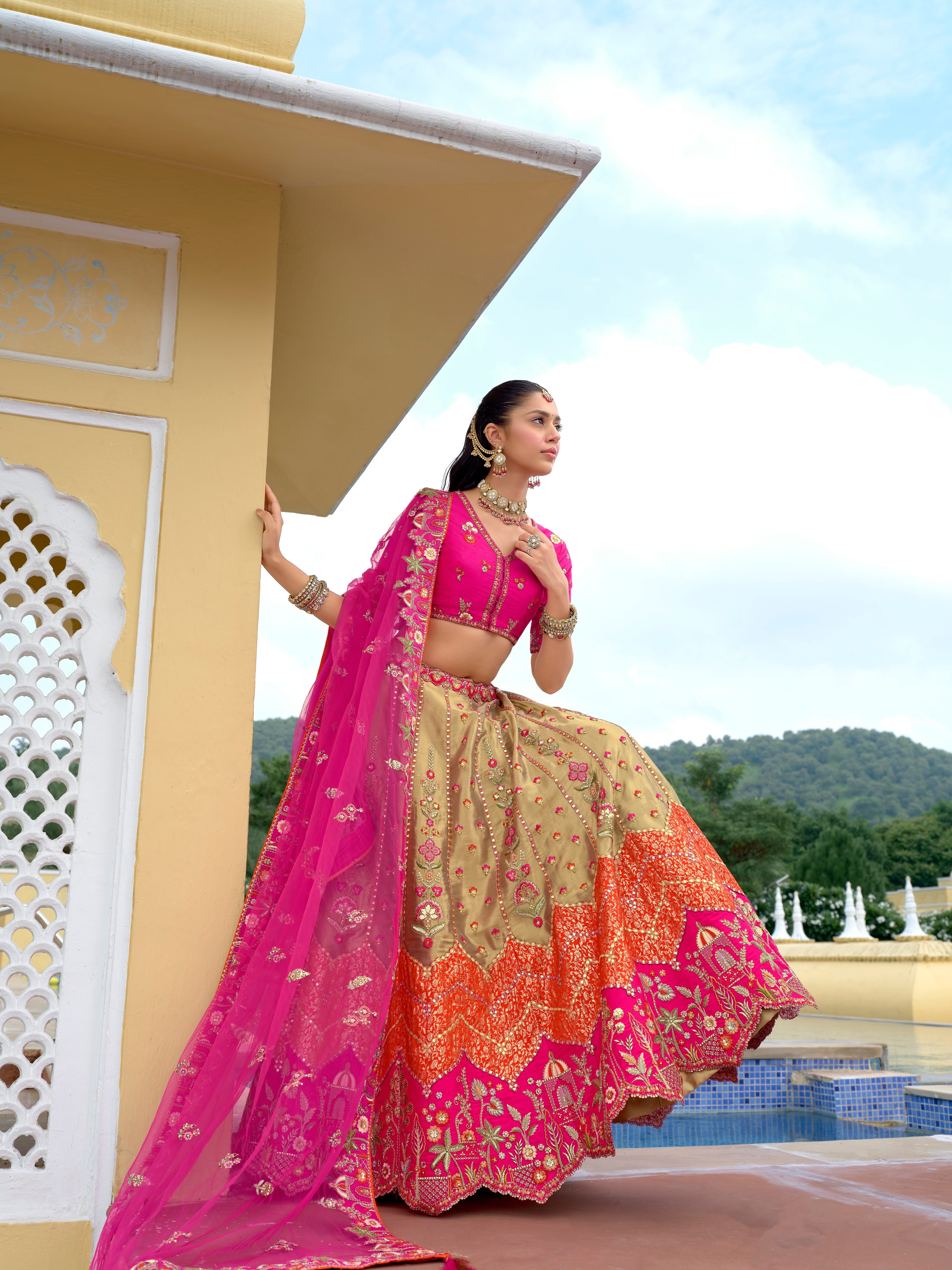 Rani Pink & Cream Embellished Tissue Silk Lehenga Set