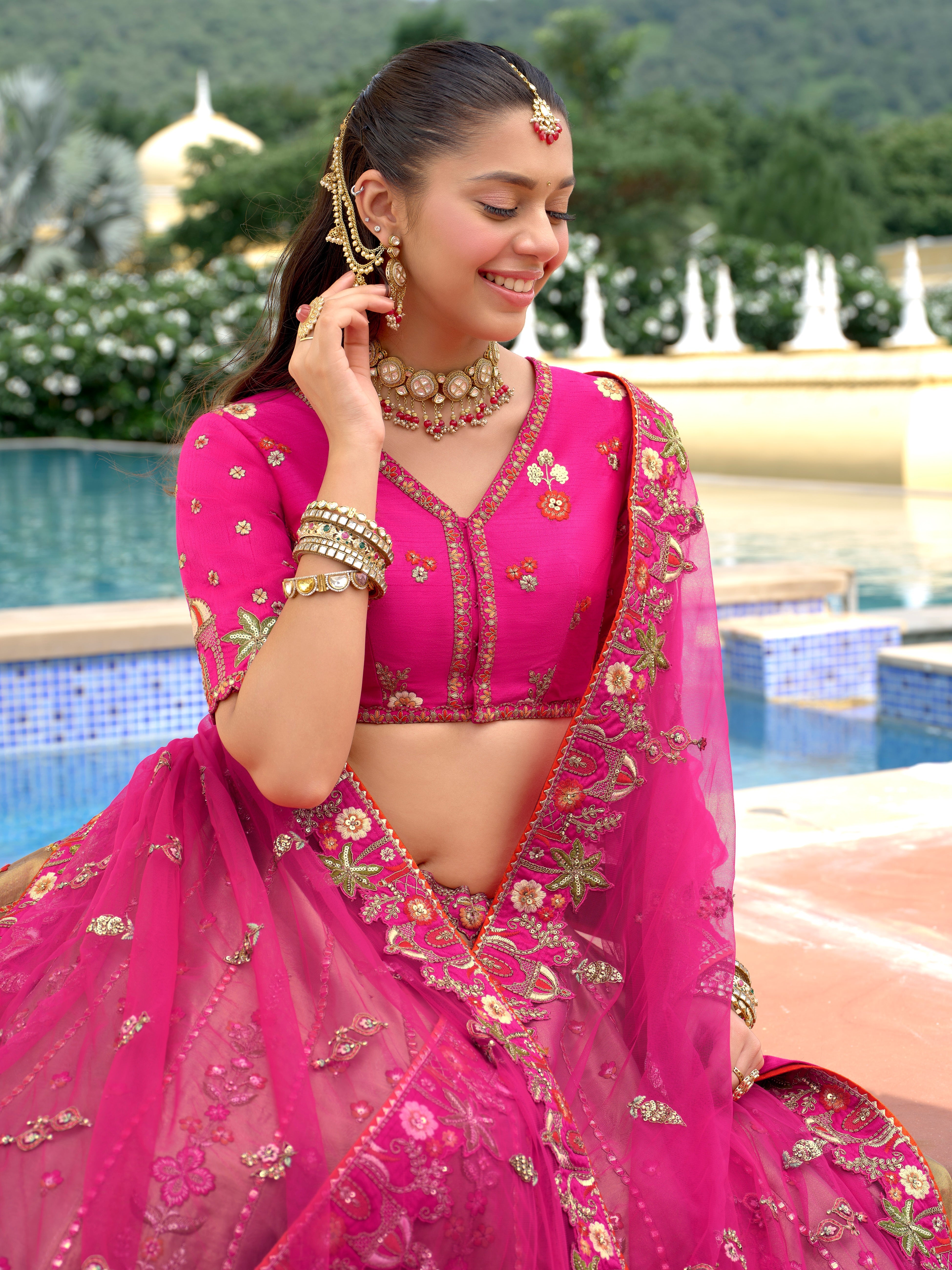 Rani Pink & Cream Embellished Tissue Silk Lehenga Set