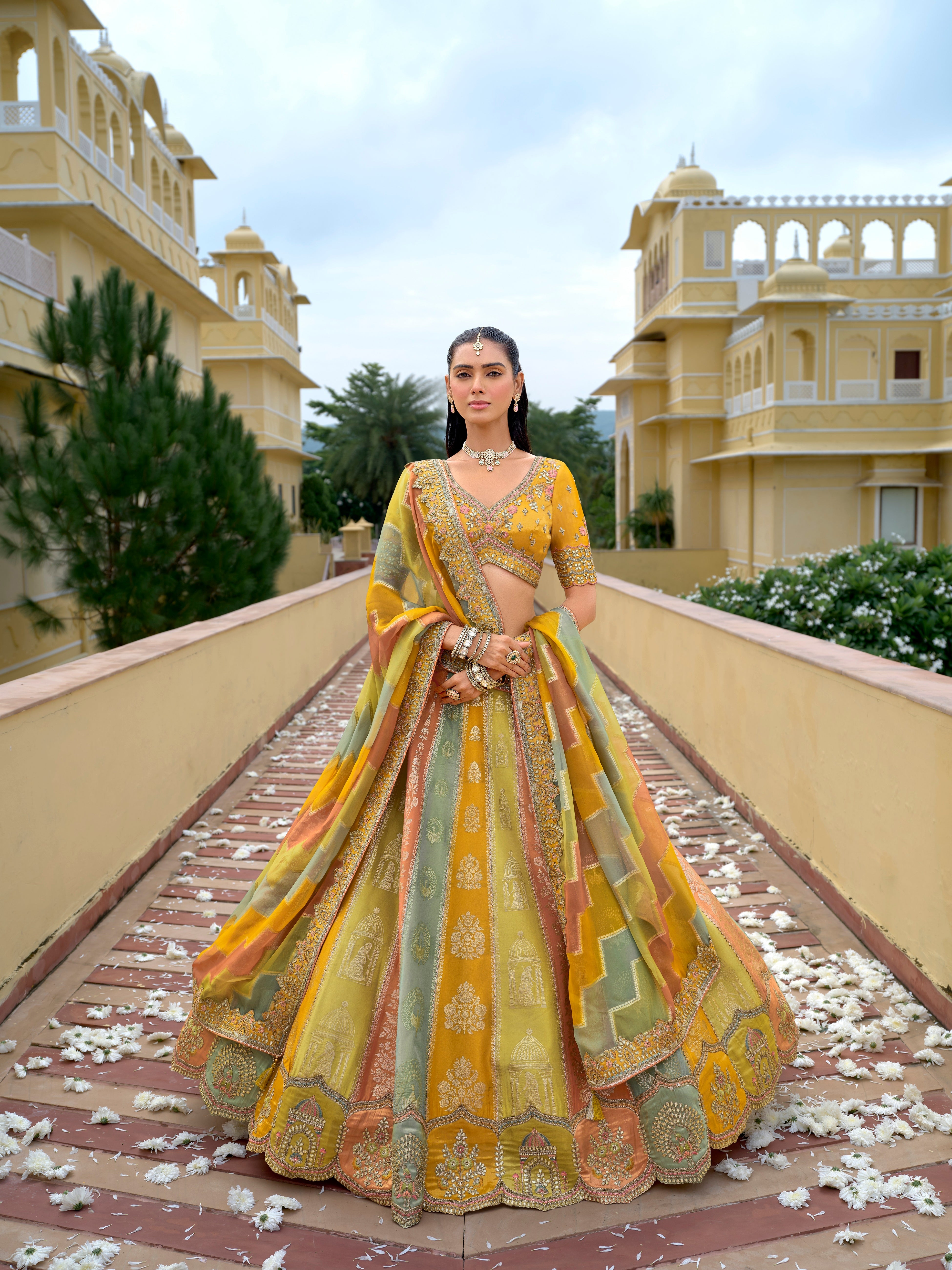 Multi mustard Green Embellished Pure Silk Lehenga Set