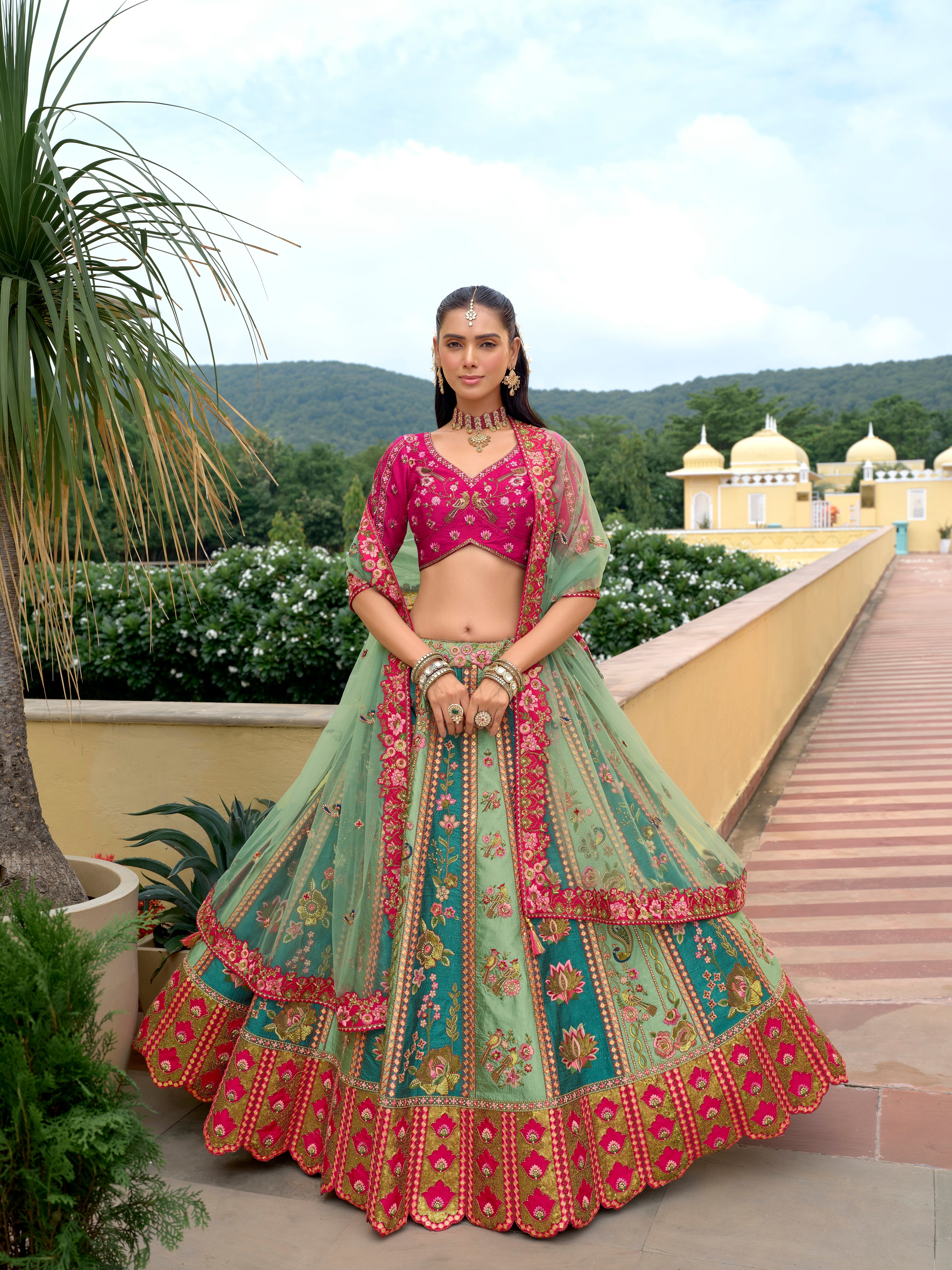 Classic Sage Green Embellished Viscose Satin Lehenga Set