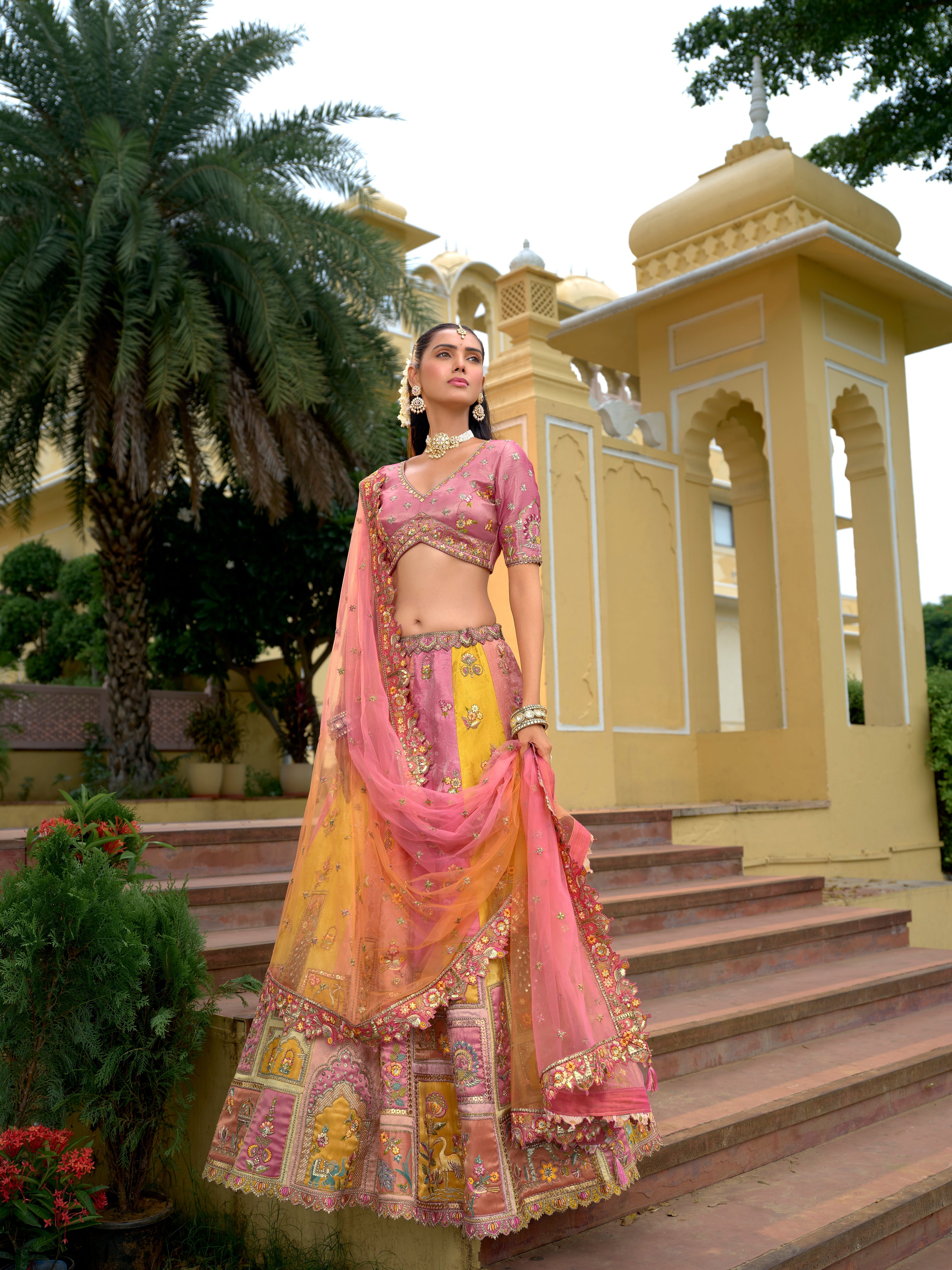 Pink–Peach Embellished Tissue Silk Lehenga Set