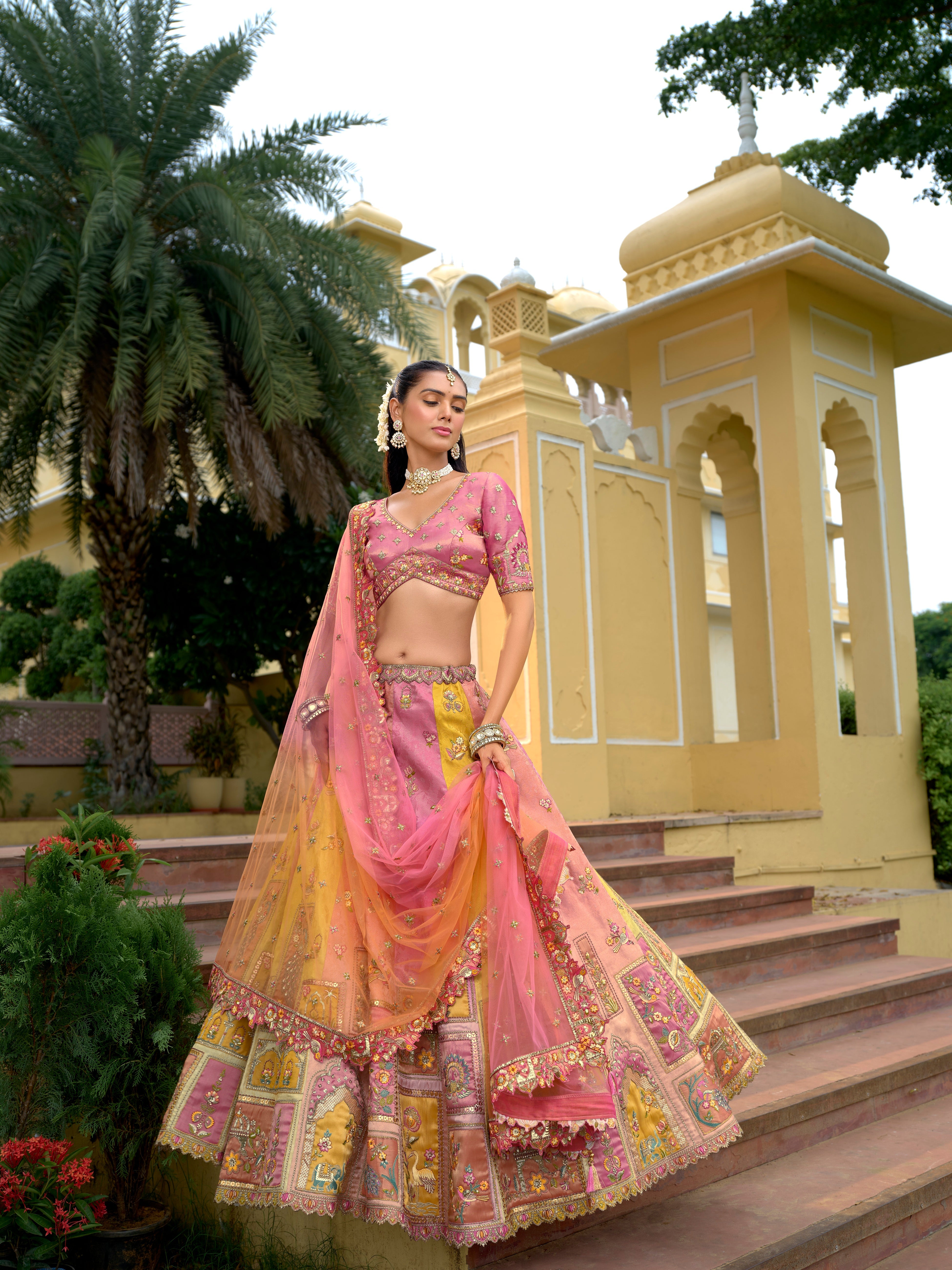 Pink–Peach Embellished Tissue Silk Lehenga Set