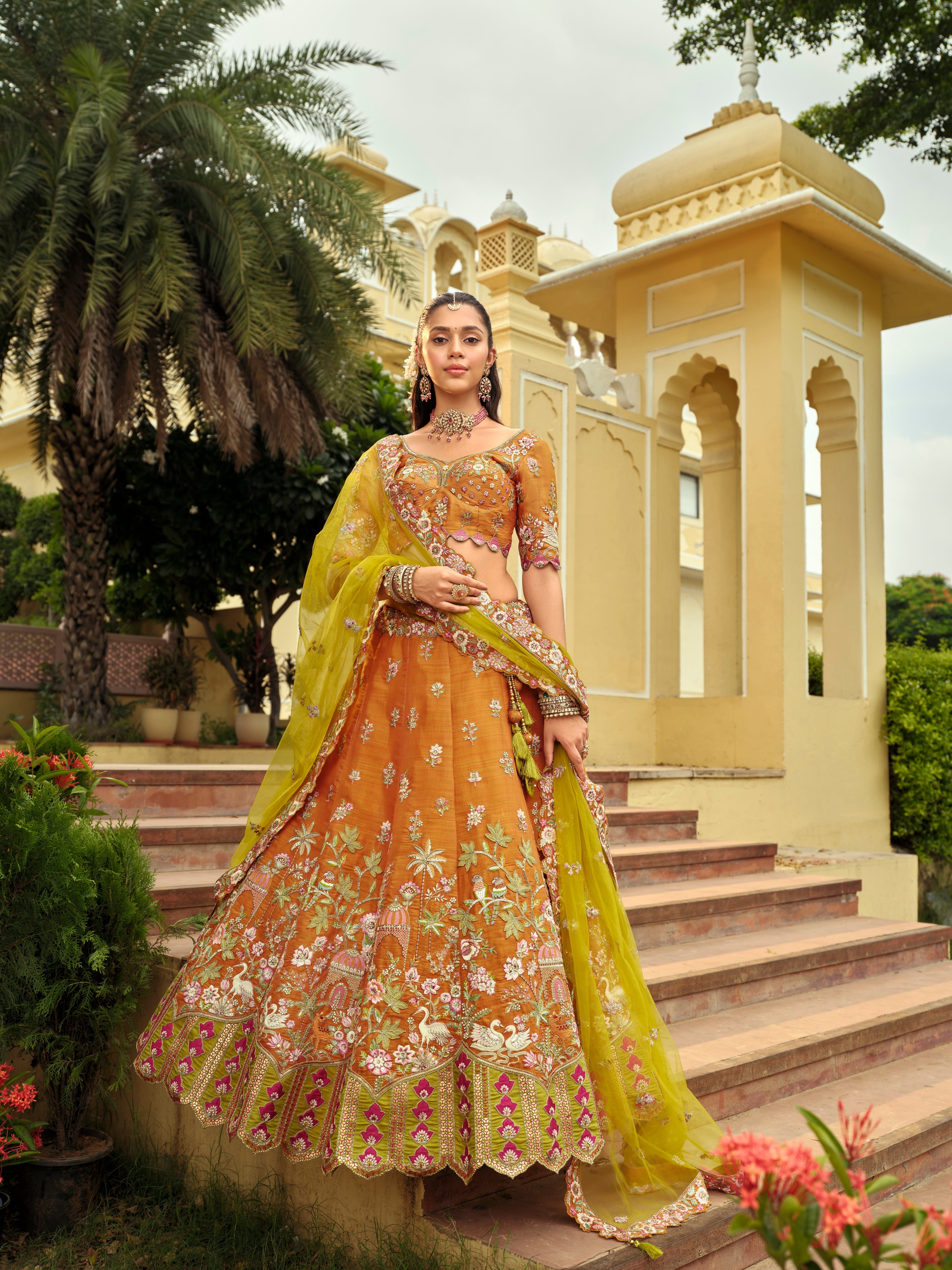 Burnt Orange Embellished Premium Silk Lehenga Set