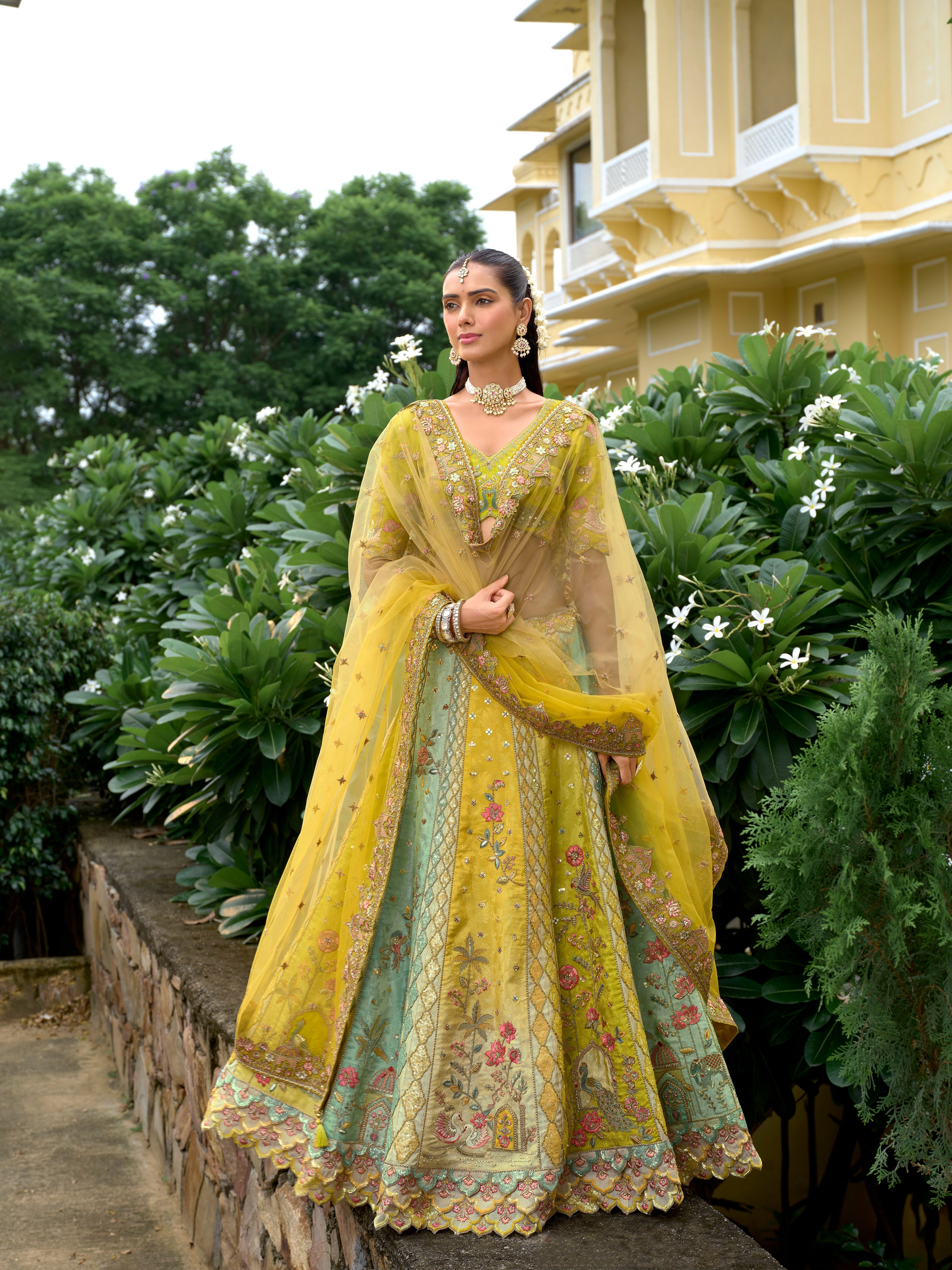 Sage Green Mustard Embellished Tissue Silk Lehenga Set