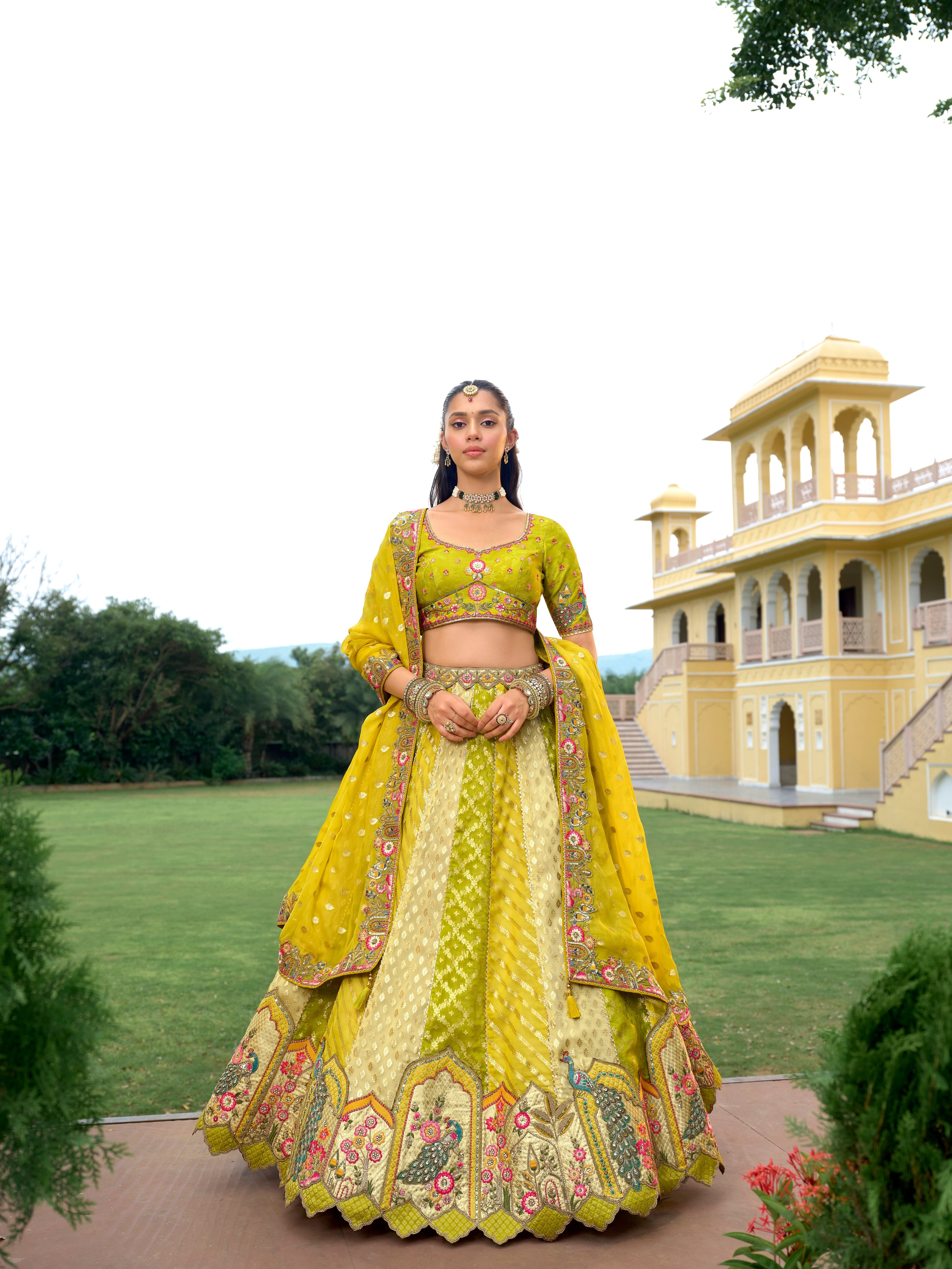 Light Gold & Lime Green Embellished Organza Silk Lehenga Set