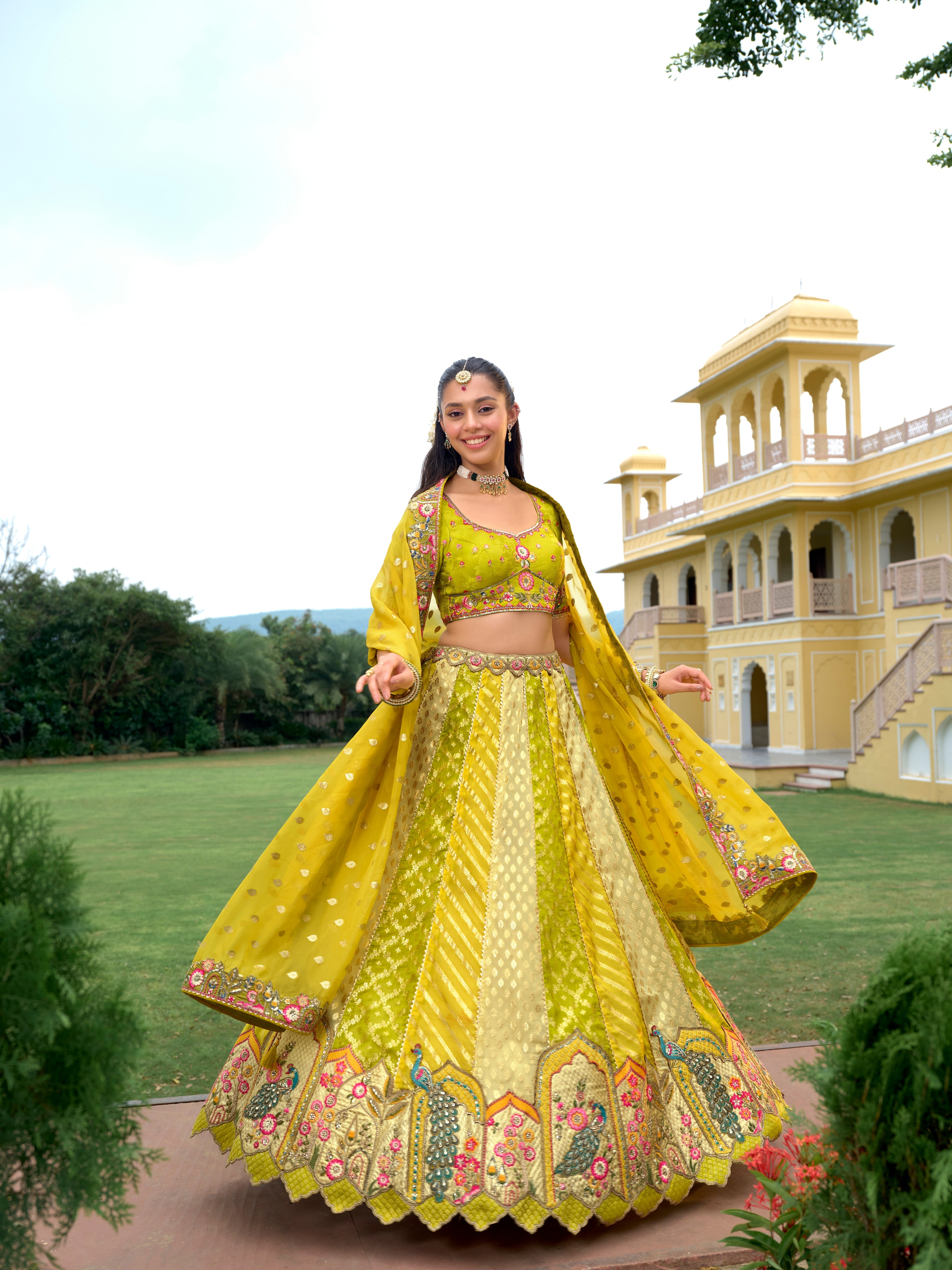 Light Gold & Lime Green Embellished Organza Silk Lehenga Set