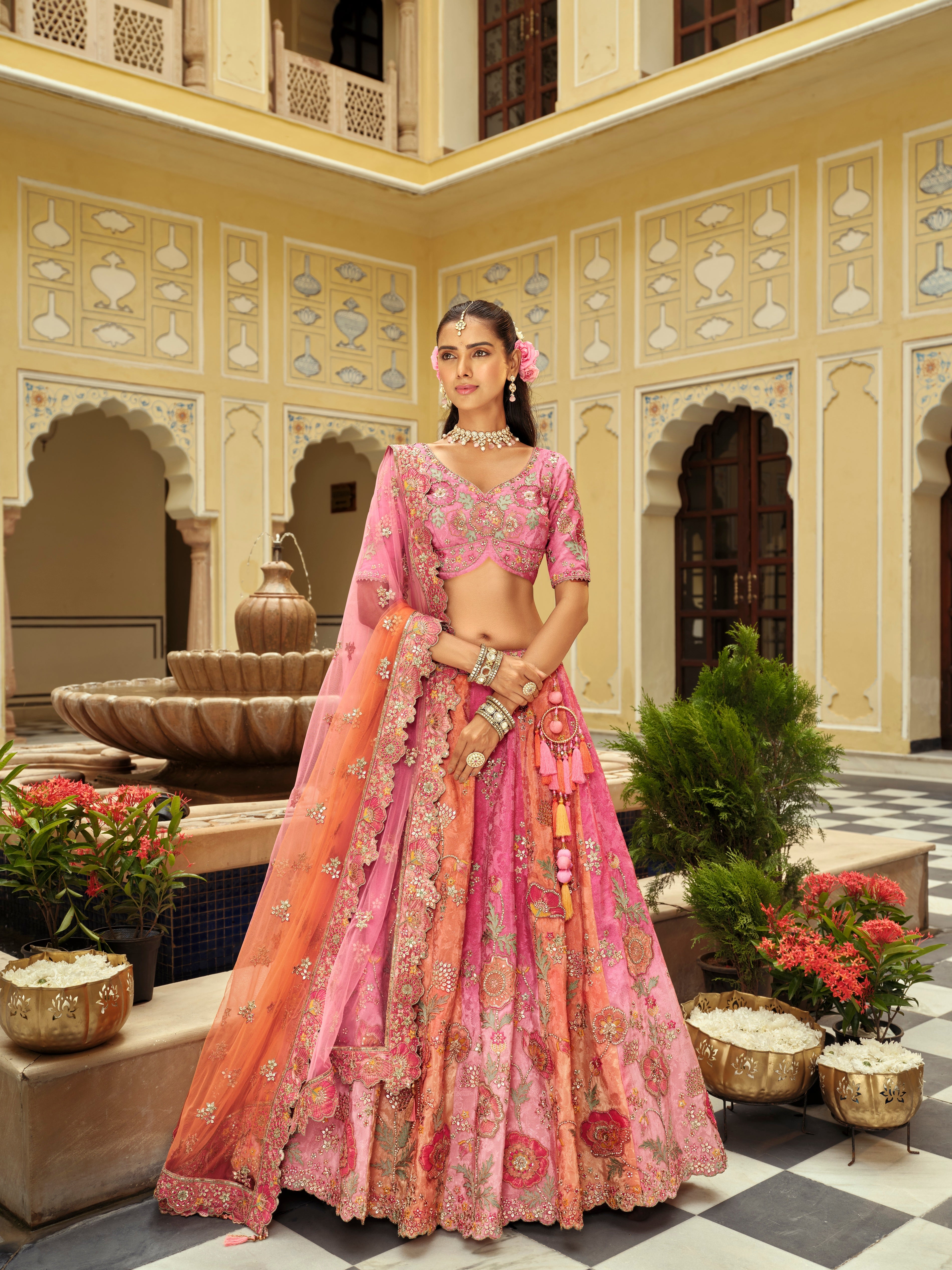 Pink & Orange Embellished Premium Silk Lehenga Set