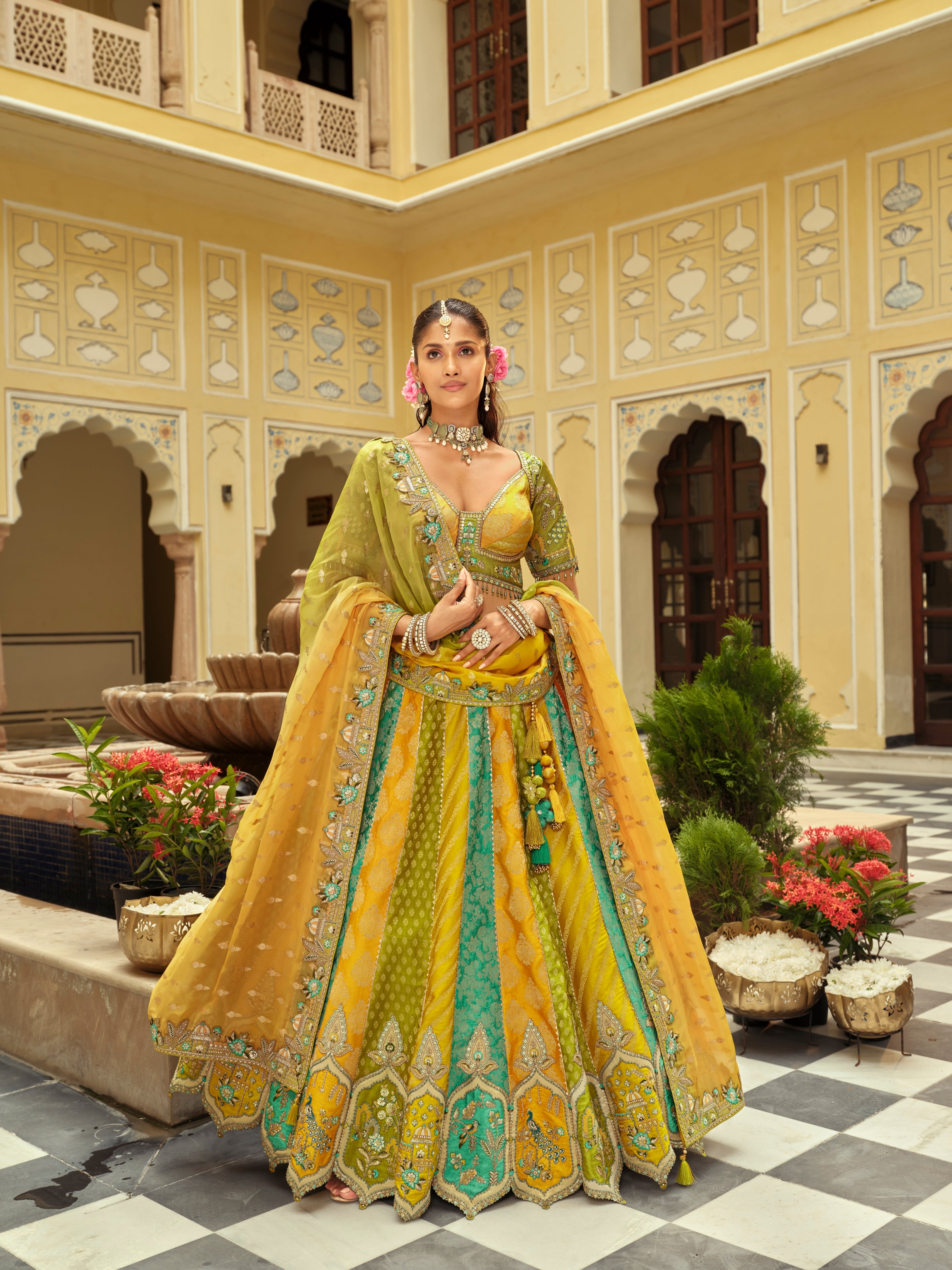 Multi-Toned Embellished Premium Silk Lehenga Set