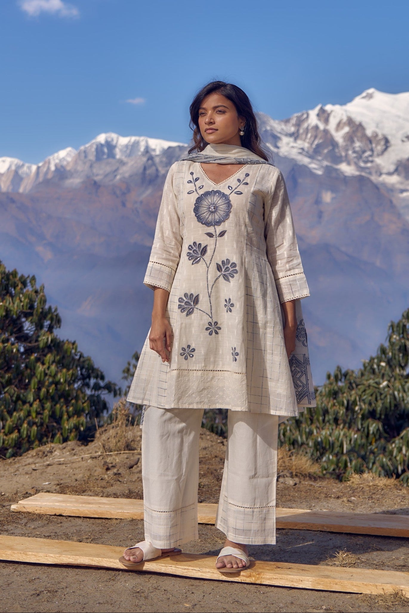 Off-White Embellished Chanderi Silk Pant Set