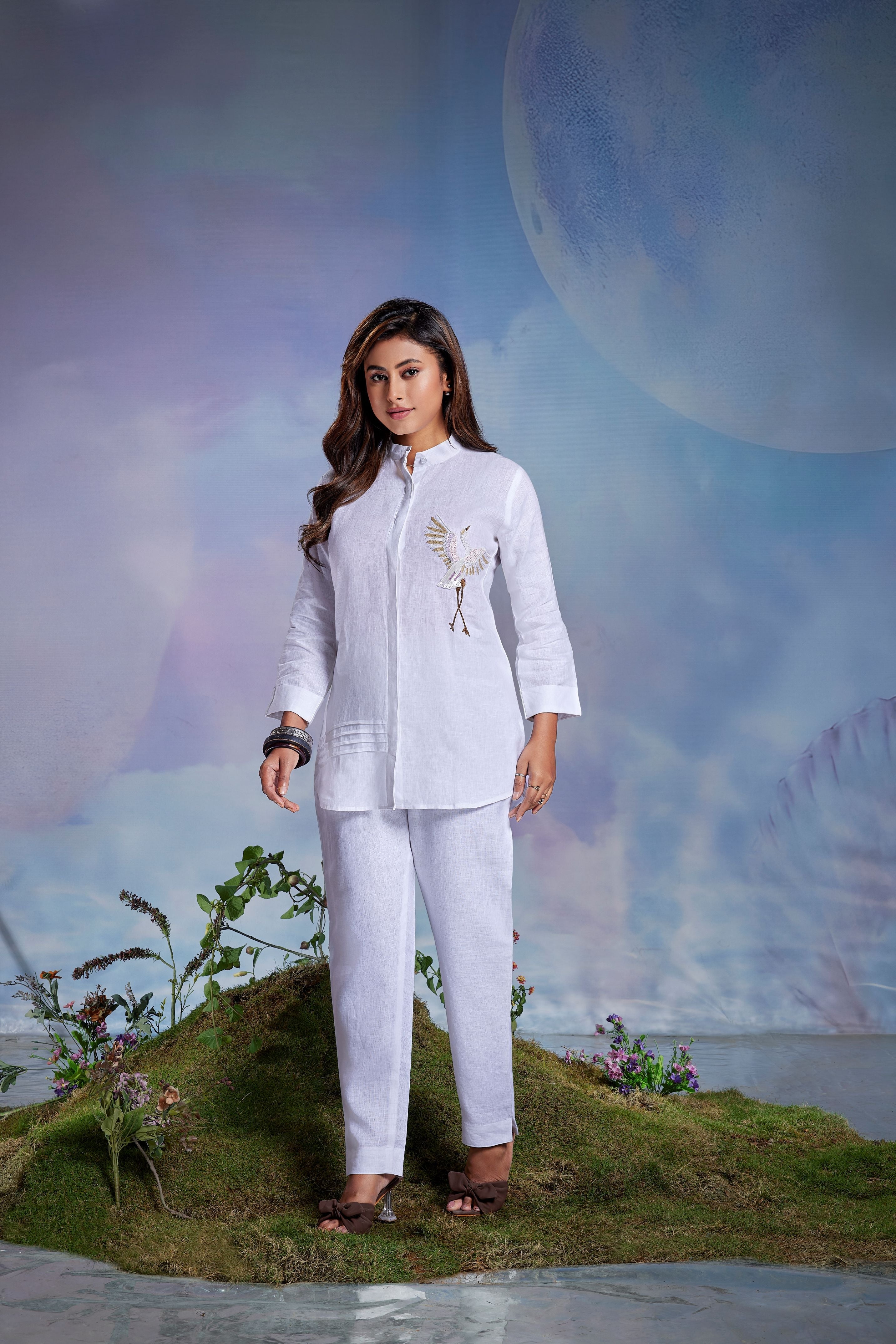 Mist White Embellished Linen Co-Ord Set